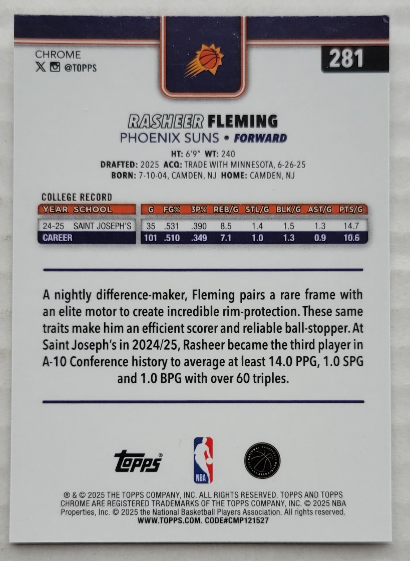 Rasheer Fleming - 2025-26 Topps Chrome Pulsar Refractors #281 RC