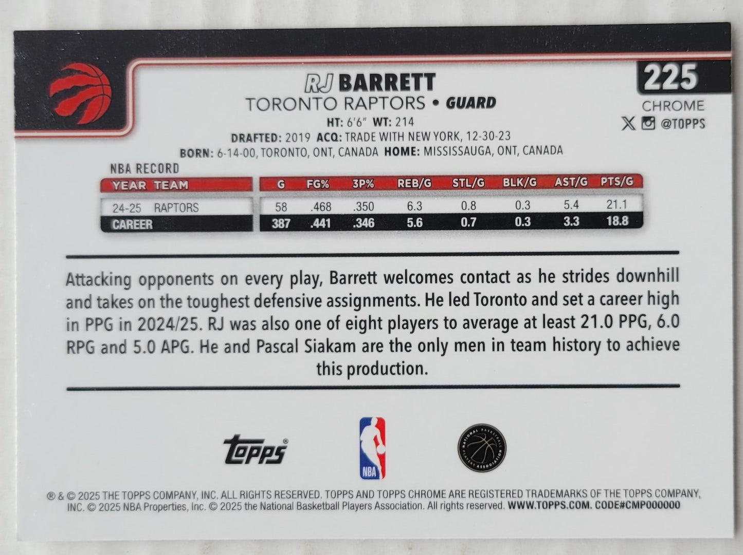 RJ Barrett - 2025-26 Topps Chrome Prism Refractors #225