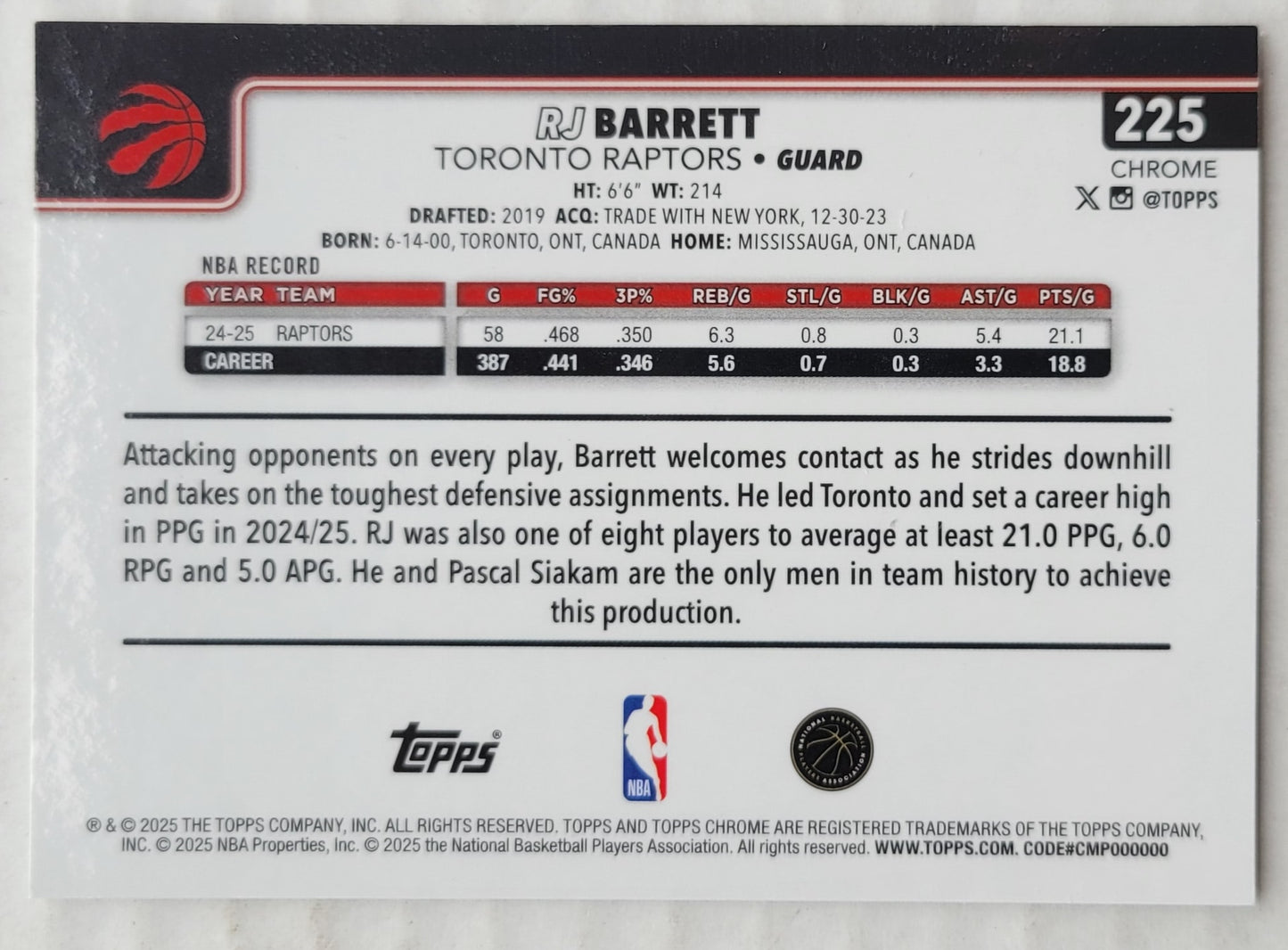 RJ Barrett - 2025-26 Topps Chrome Pulsar Refractors #225