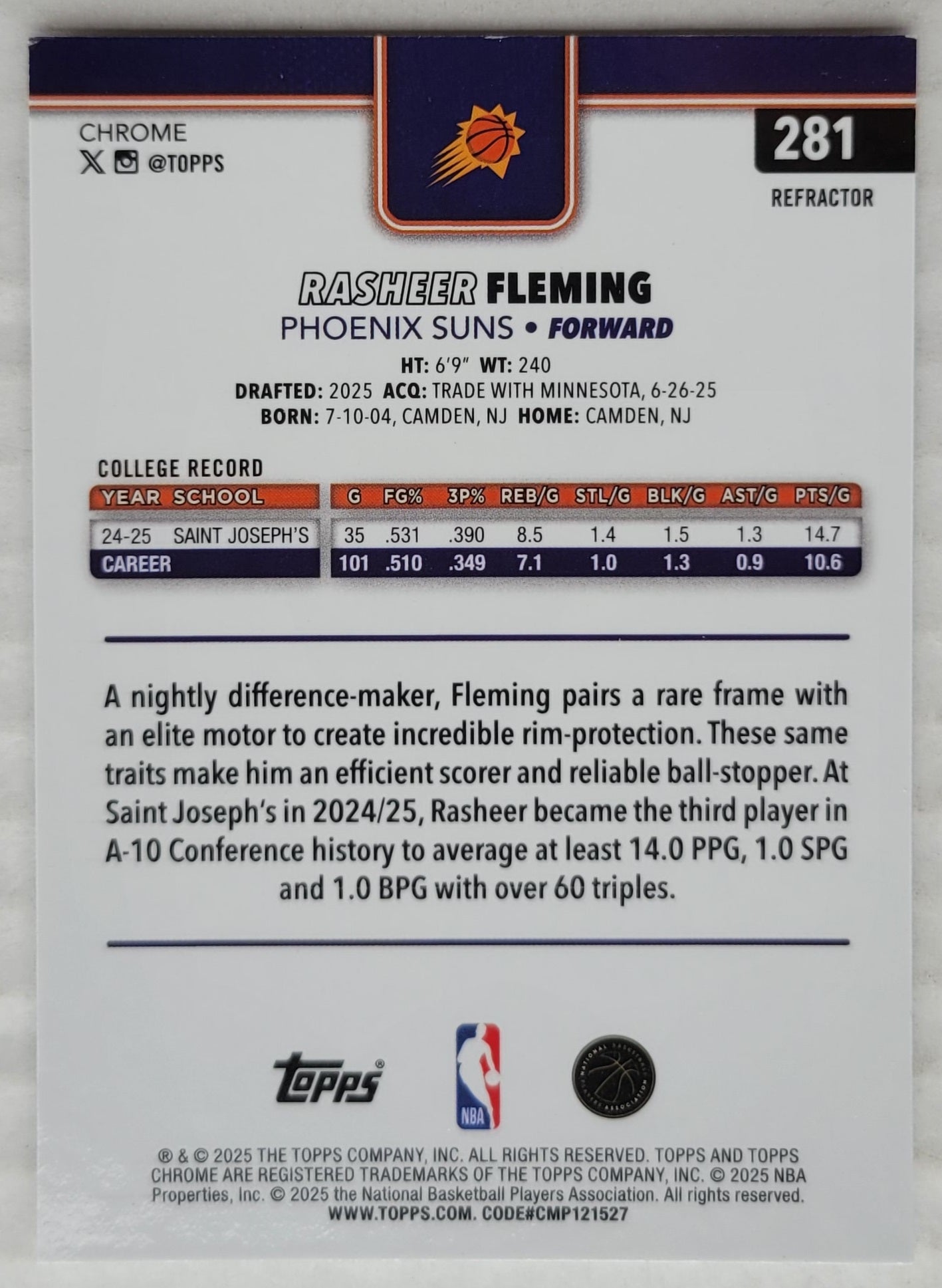 Rasheer Fleming - 2025-26 Topps Chrome Refractors #281 RC