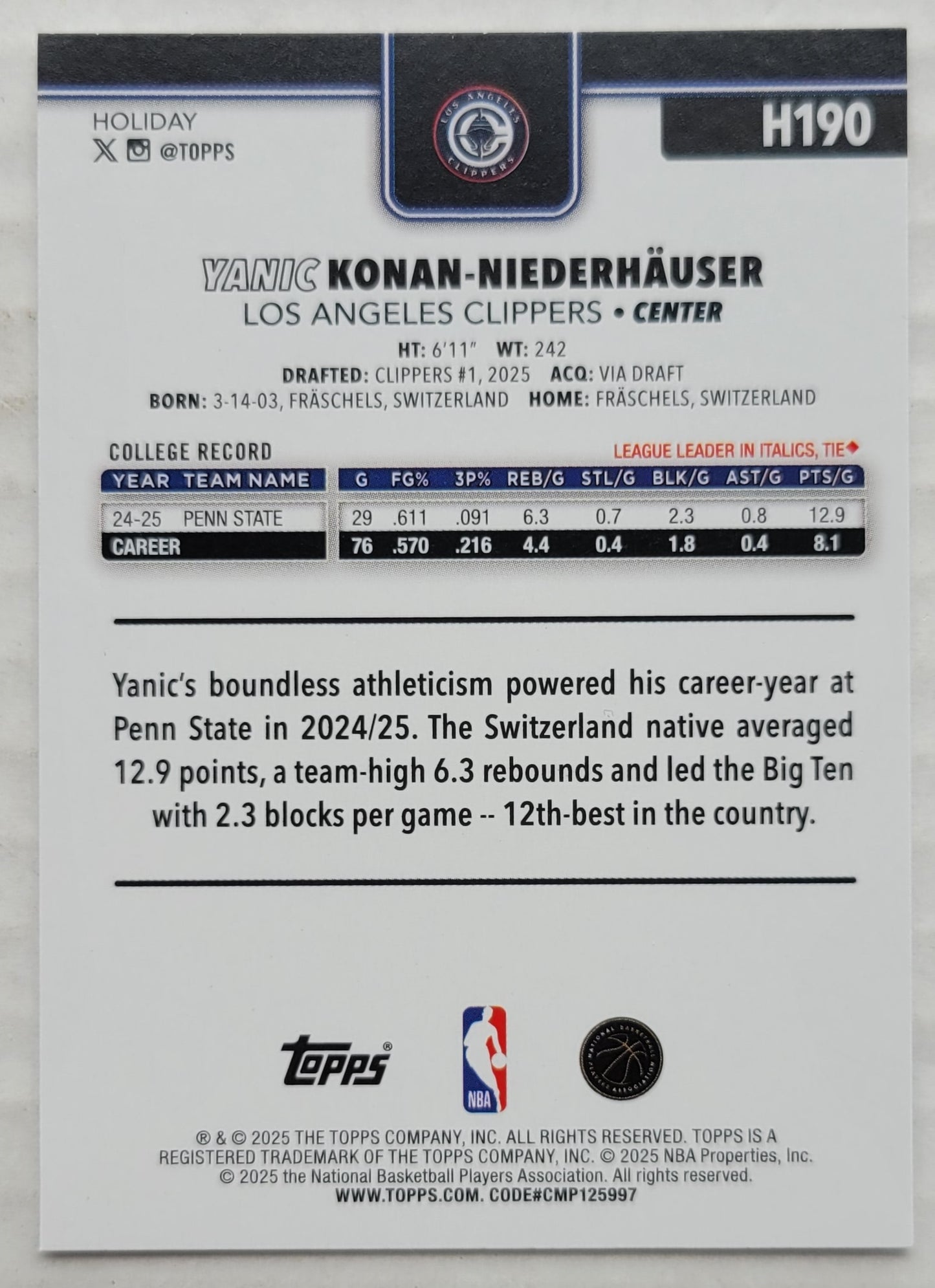 Konan-Niederhauser - 2025-26 Topps Holiday #H190 Yanic RC