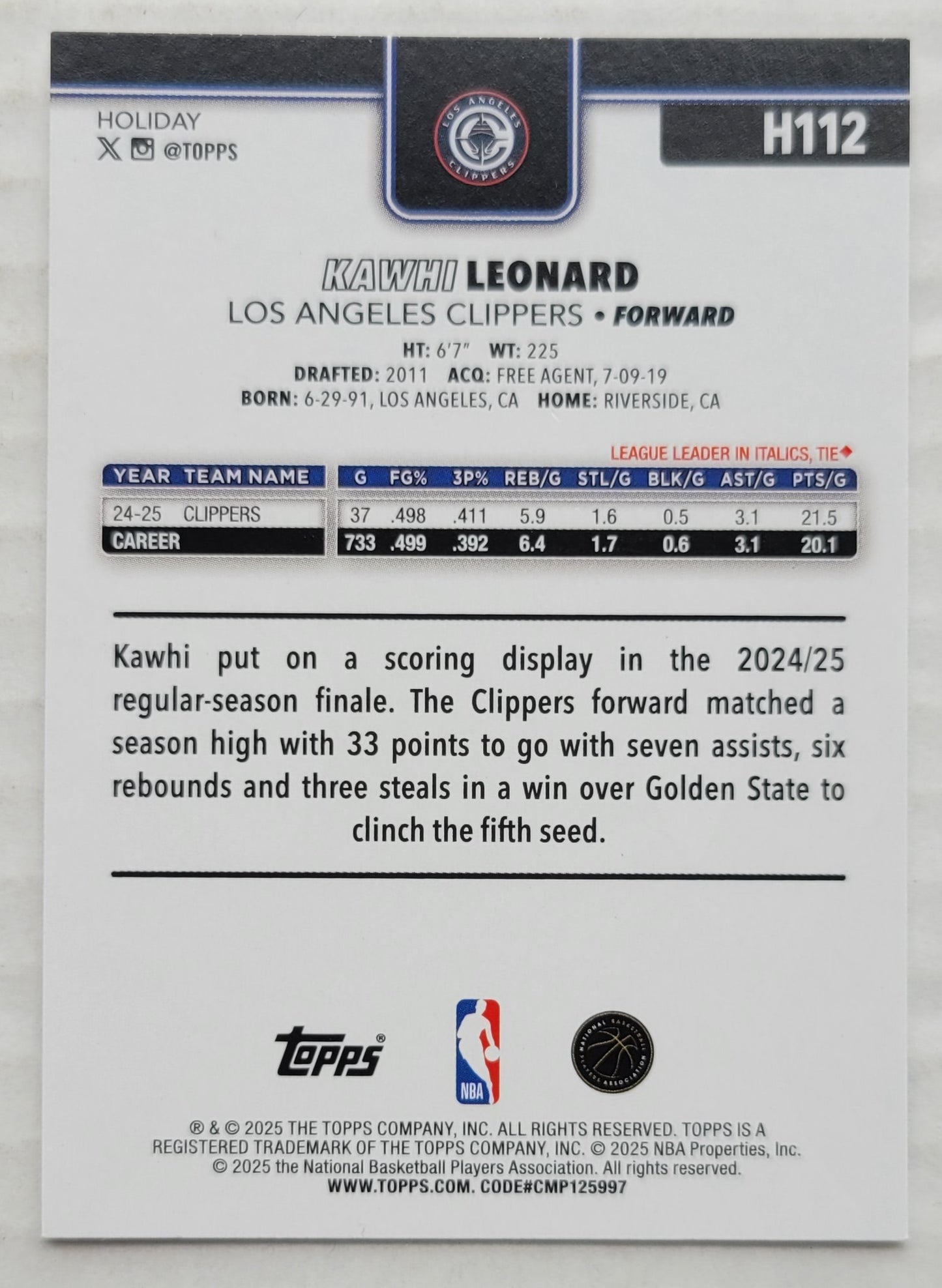 Kawhi Leonard - 2025-26 Topps Holiday #H112