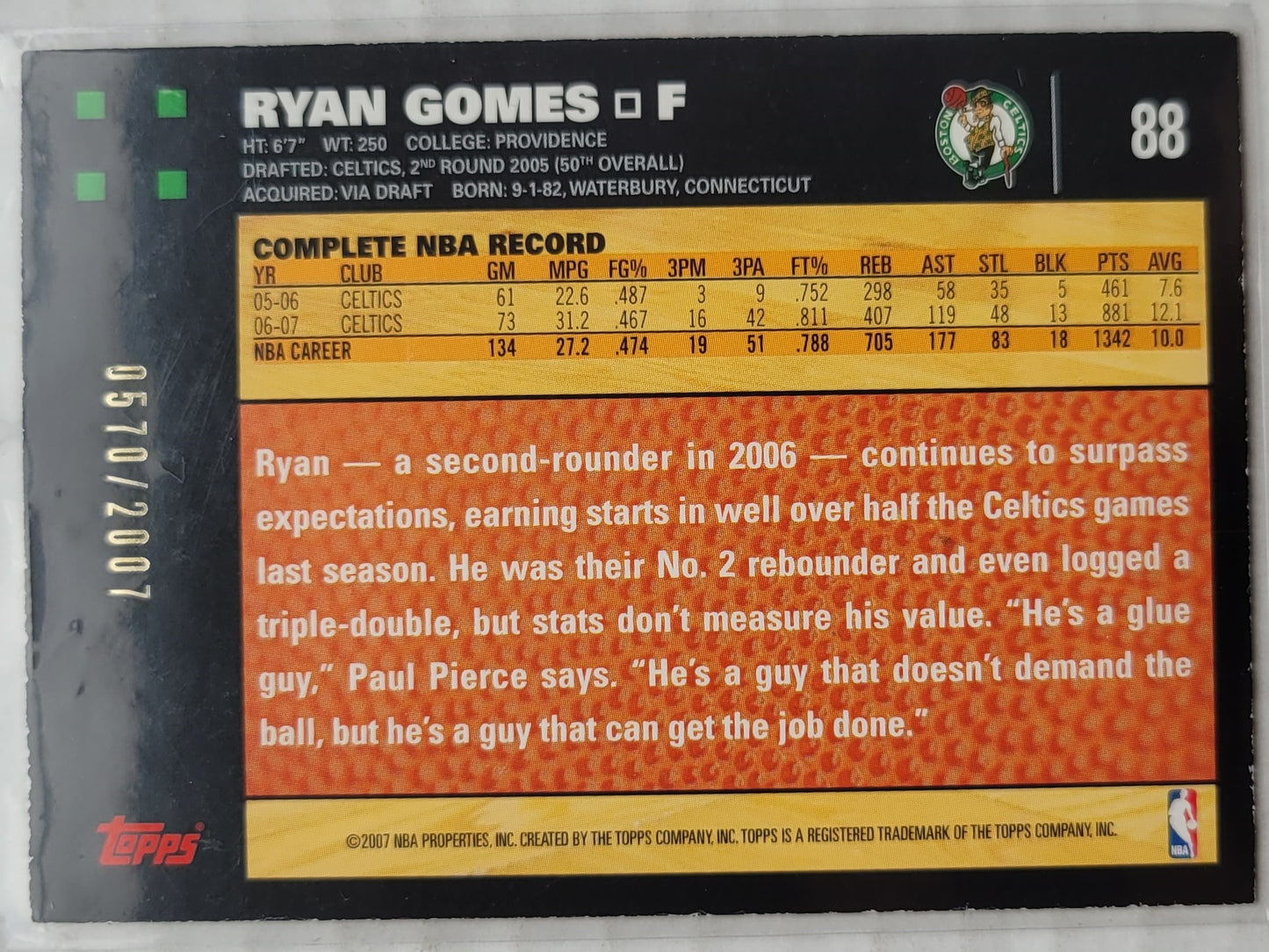 Ryan Gomes - 2007-08 Topps Gold #88 - 0570/2007