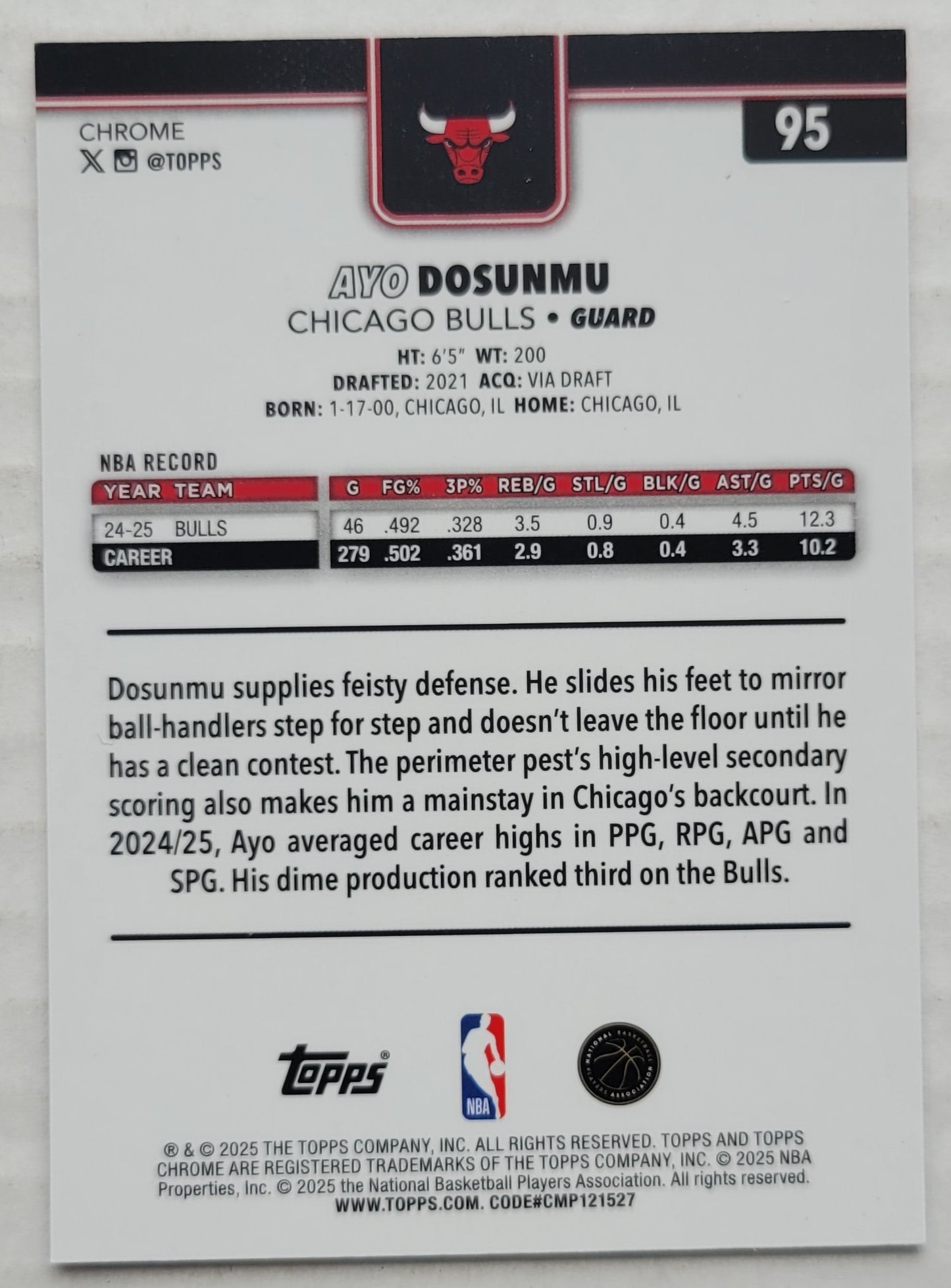 Ayo Dosunmu - 2025-26 Topps Chrome Red White and Blue Refractors #95