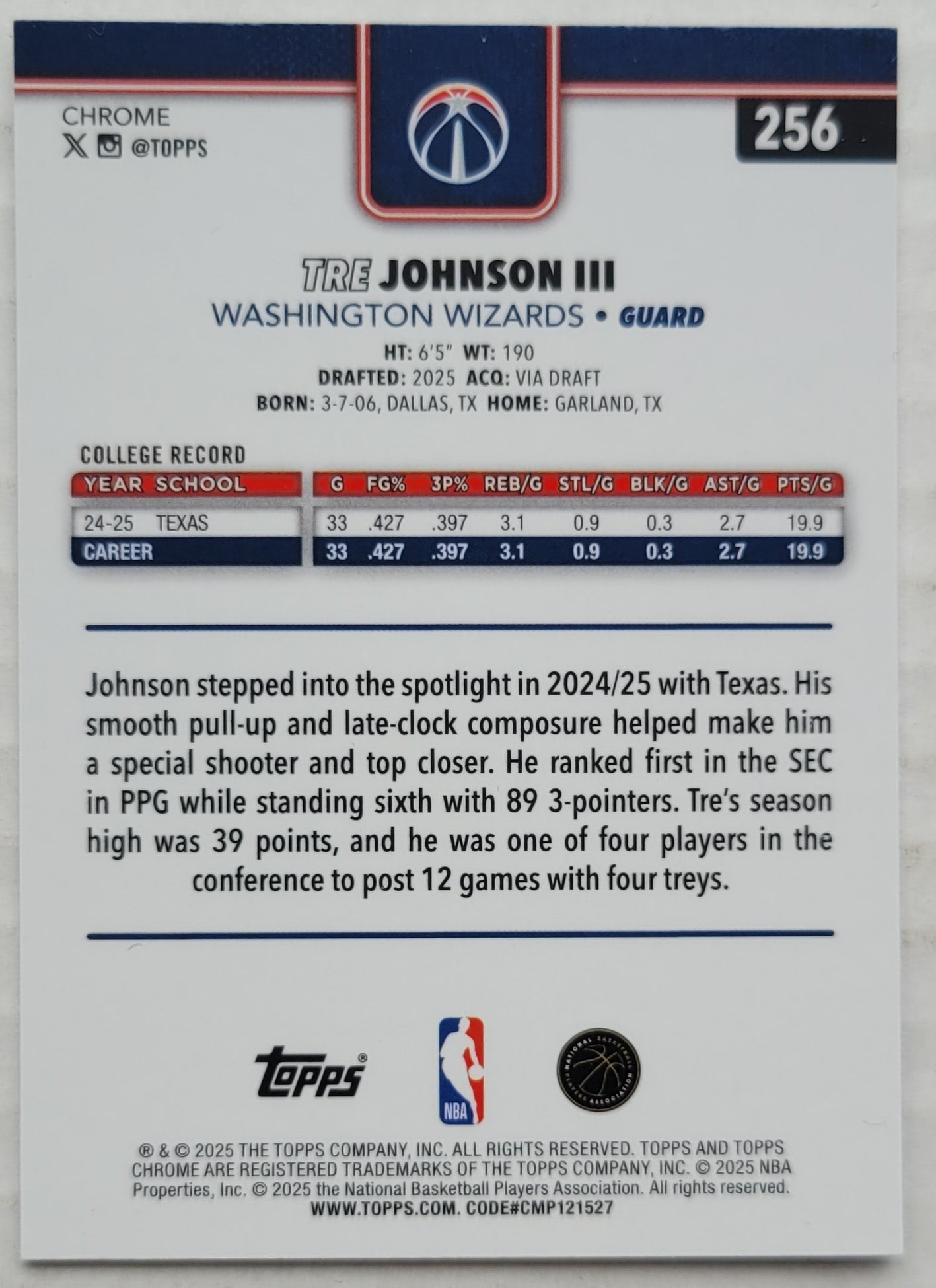 Tre Johnson III - 2025-26 Topps Chrome X-Fractors #256 RC