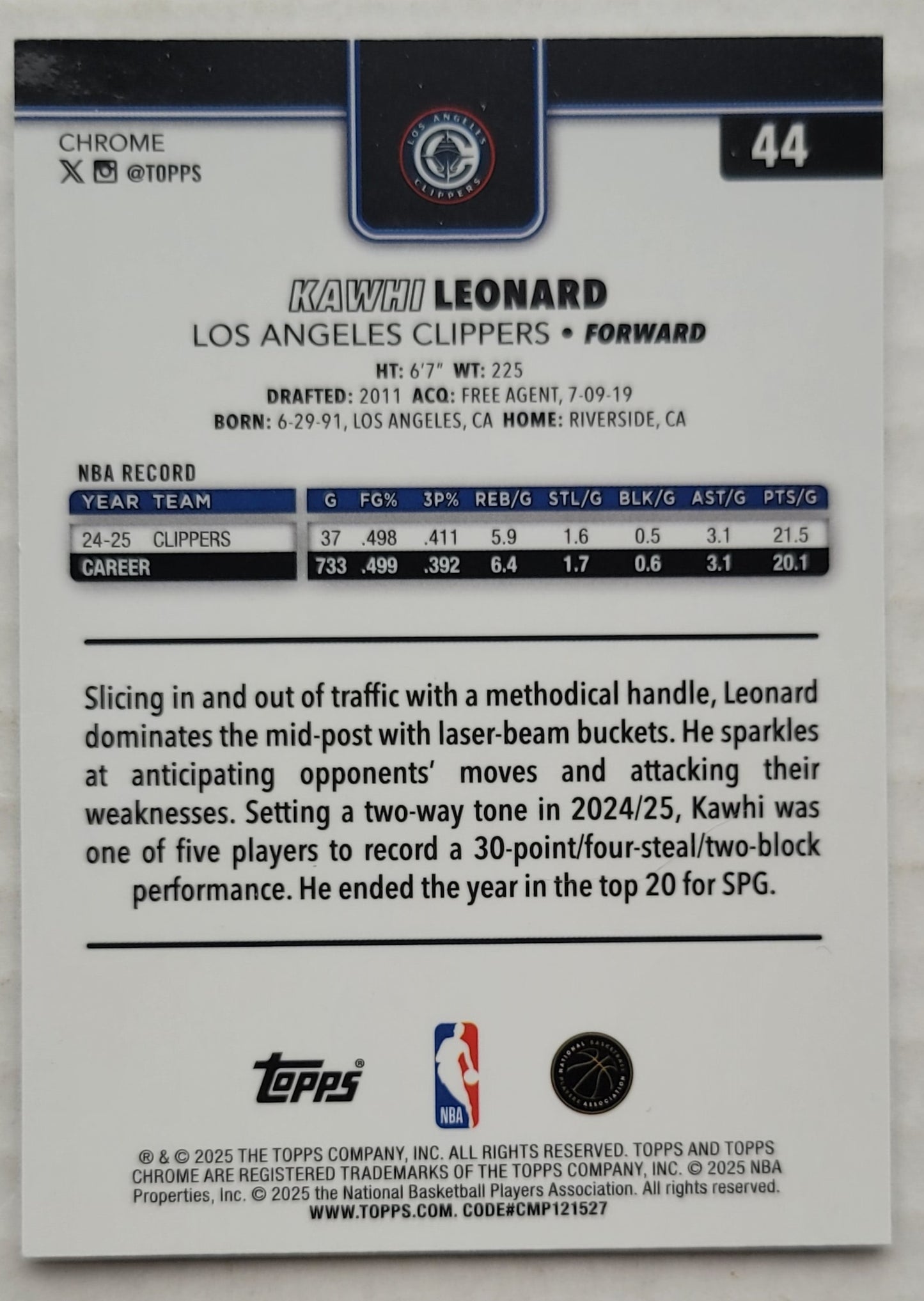 Kawhi Leonard - 2025-26 Topps Chrome #44