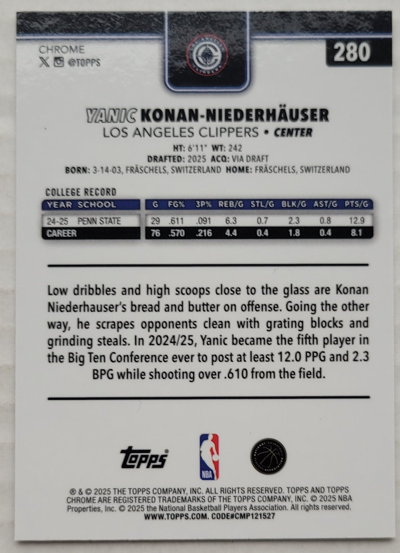 Yanic Konan-Niederhauser - 2025-26 Topps Chrome #280 RC