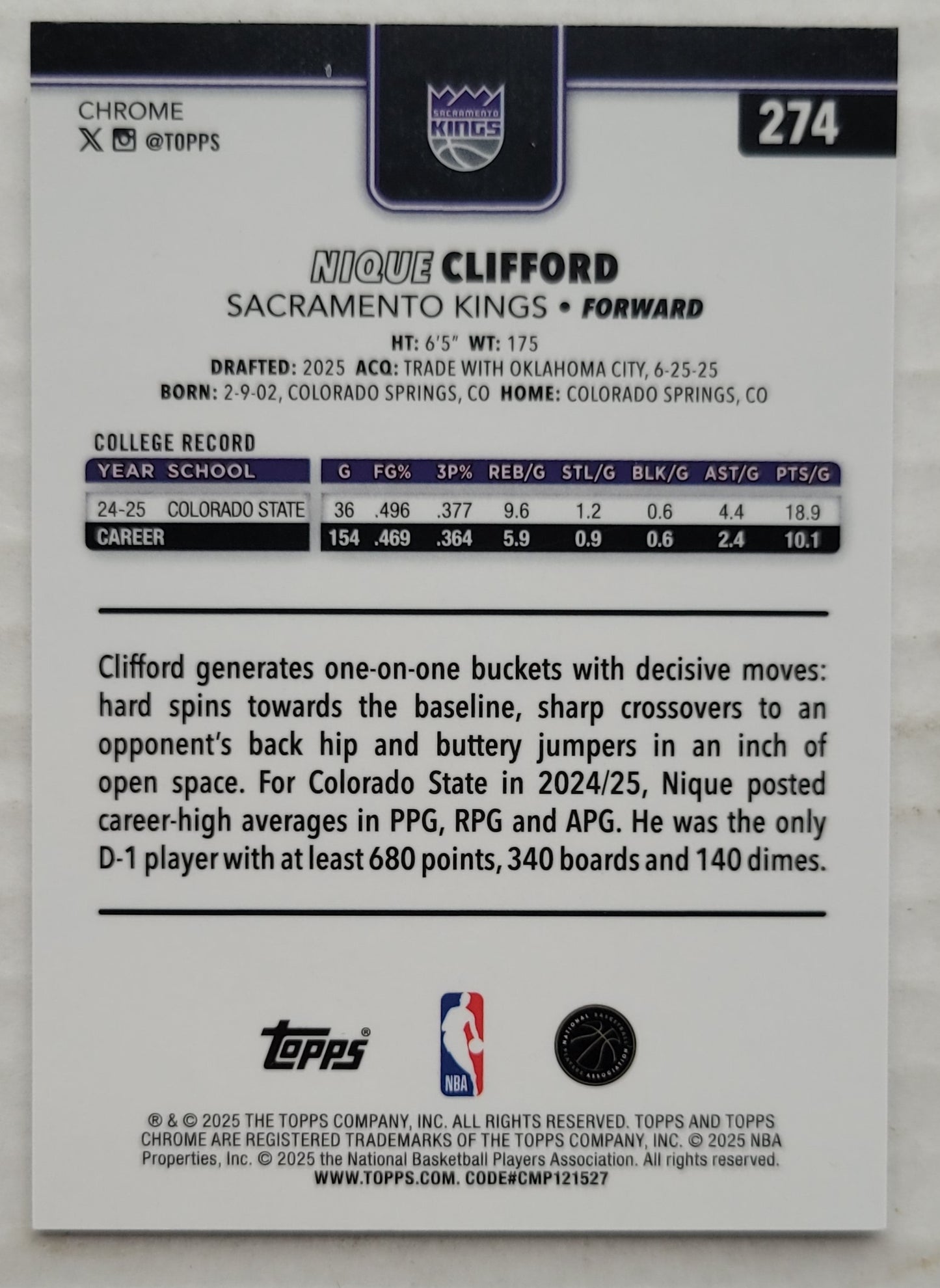 Nique Clifford - 2025-26 Topps Chrome Refractors #274 RC