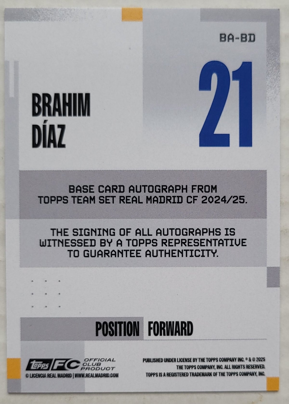 Brahim Diaz - 2024-25 Topps Real Madrid Team Set Base Autographs Pink #BA-BD - 78/99
