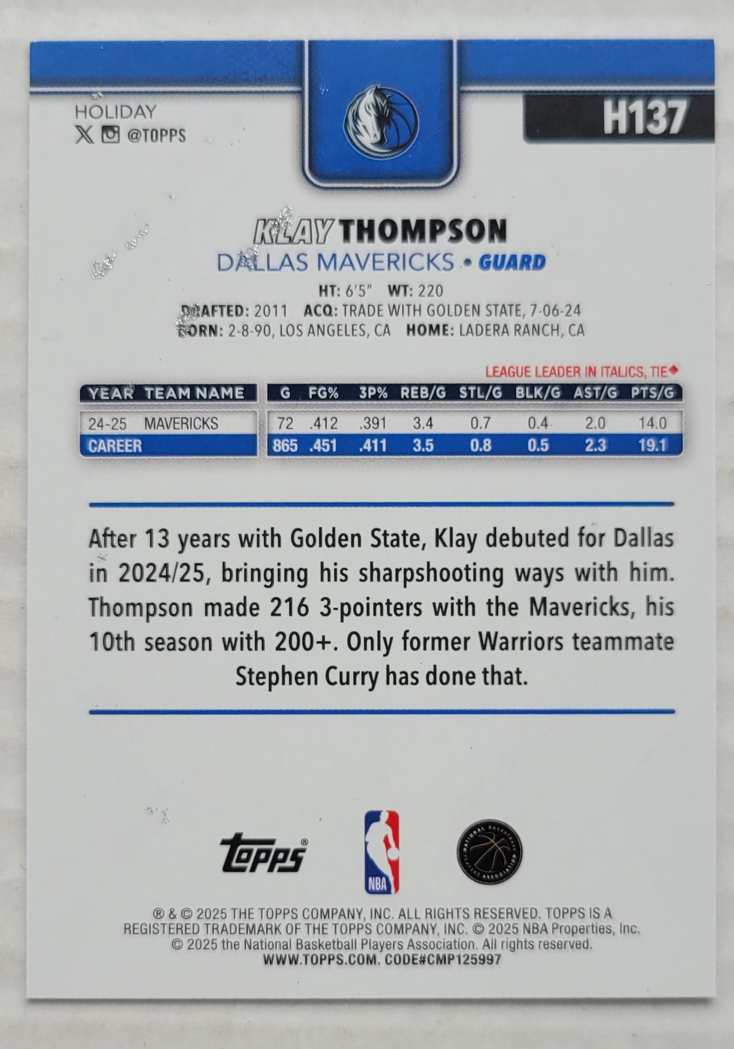 Klay Thompson - 2025-26 Topps Holiday Glitter Holiday #H137