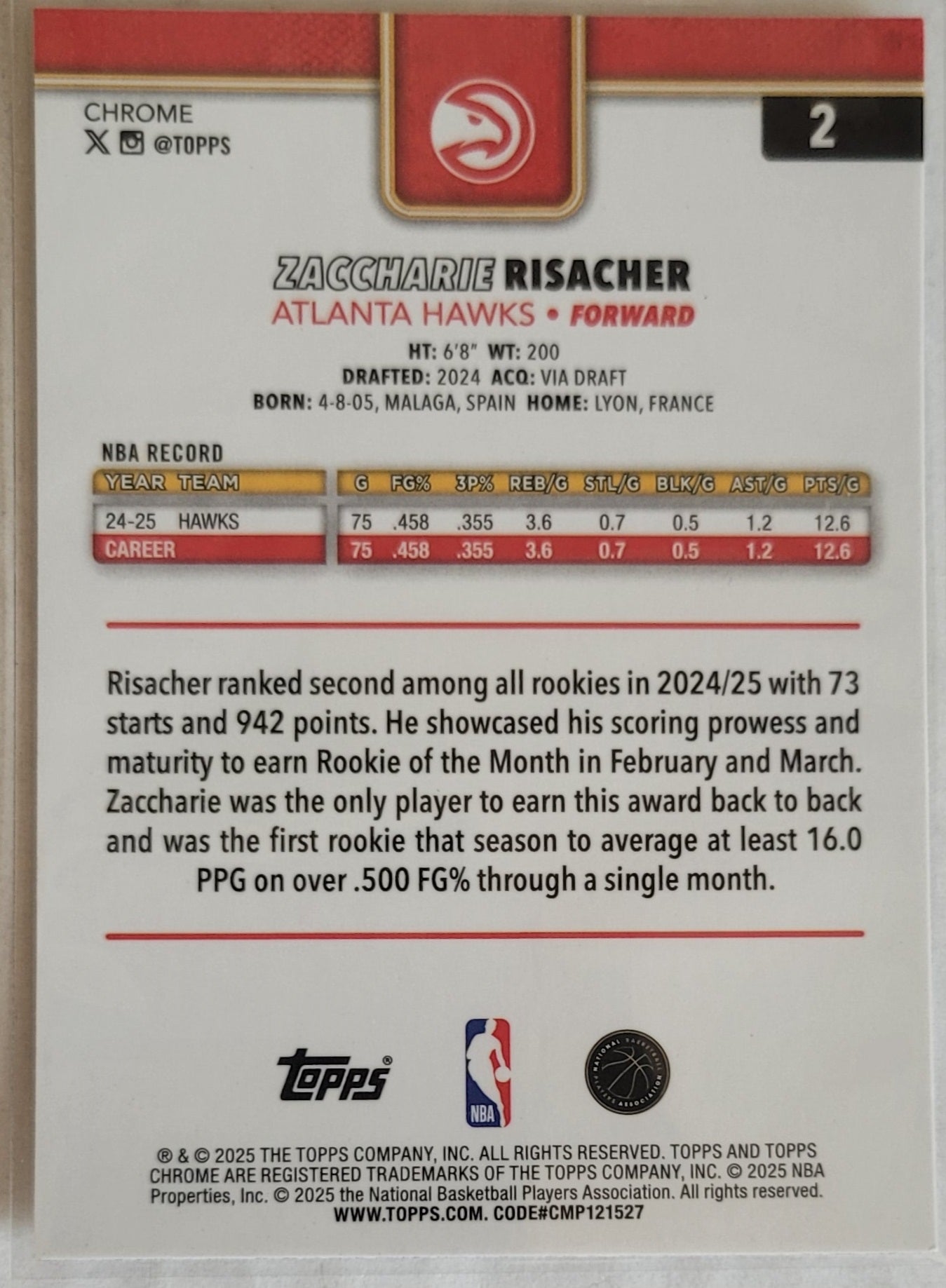 Zaccharie Risacher - 2025-26 Topps Chrome Refractors #2