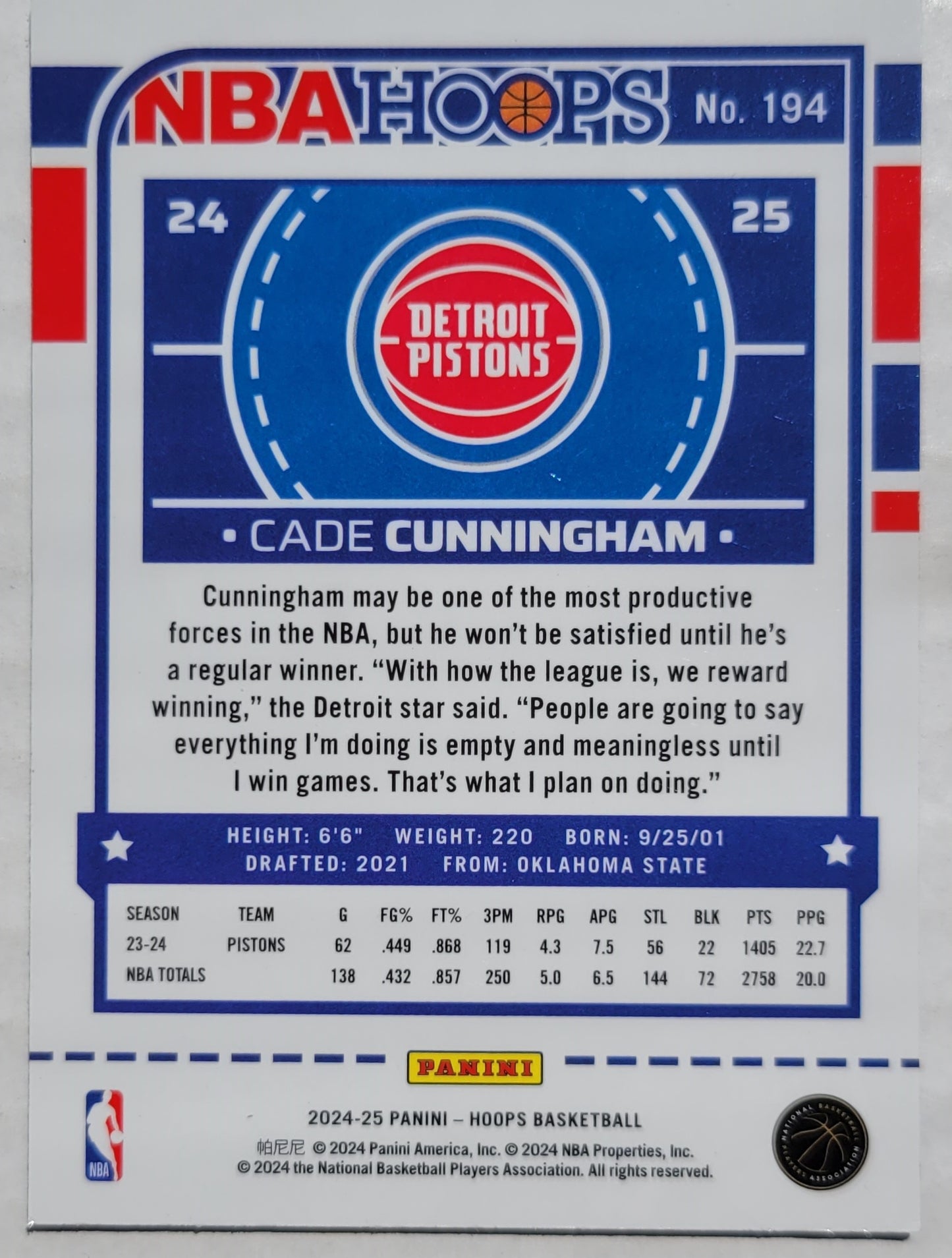 Cade Cunningham - 2024-25 Hoops Premium #194