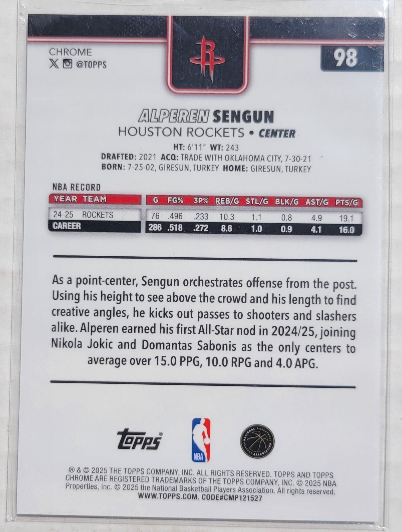Alperen Sengun - 2025-26 Topps Chrome Prism Refractors #98