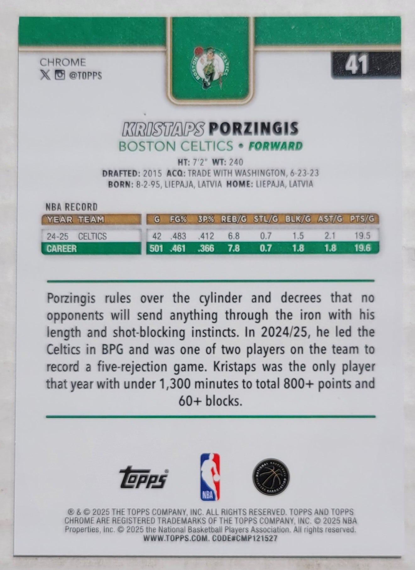 Kristaps Porzingis - 2025-26 Topps Chrome RayWave Refractors #41