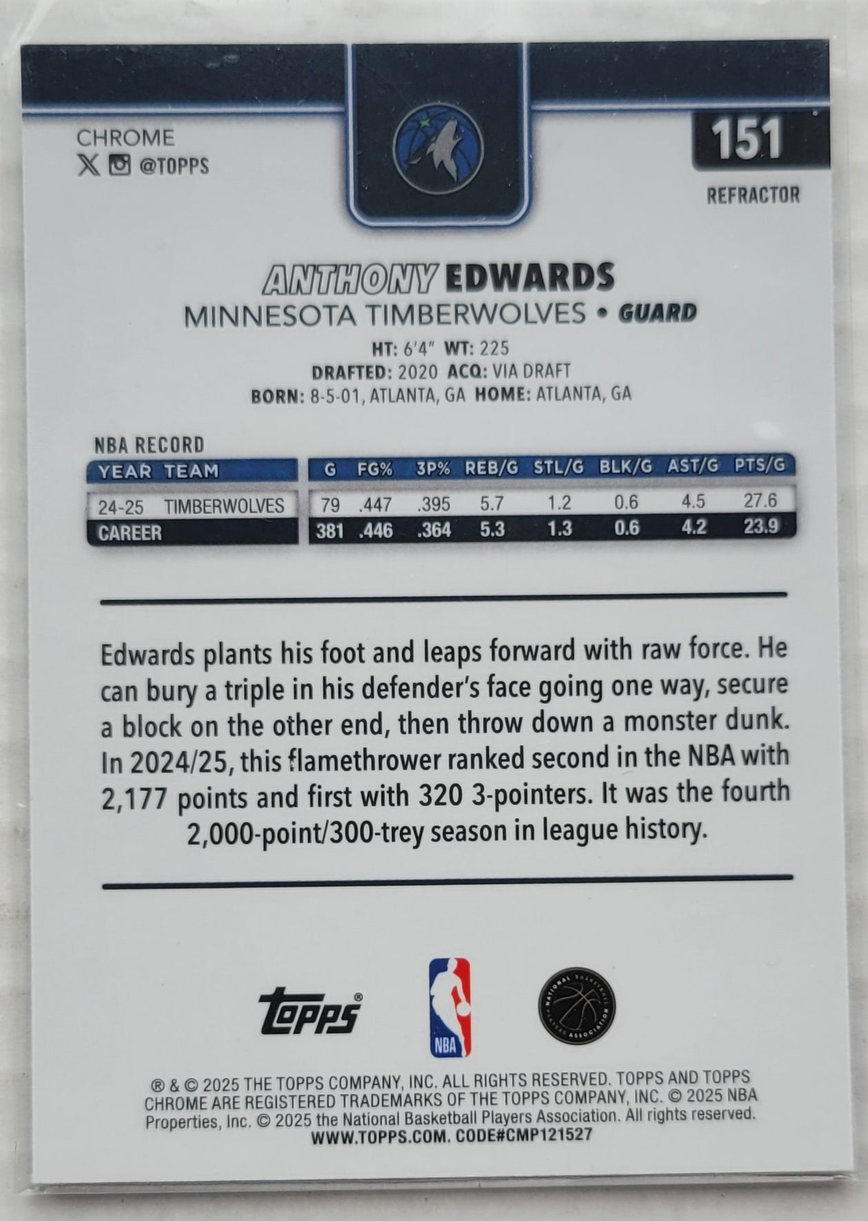 Anthony Edwards - 2025-26 Topps Chrome Refractors #151