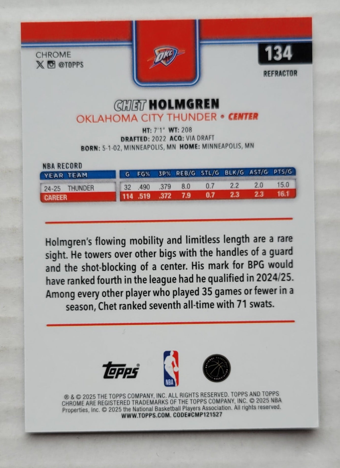 Chet Holmgren - 2025-26 Topps Chrome Refractors #134