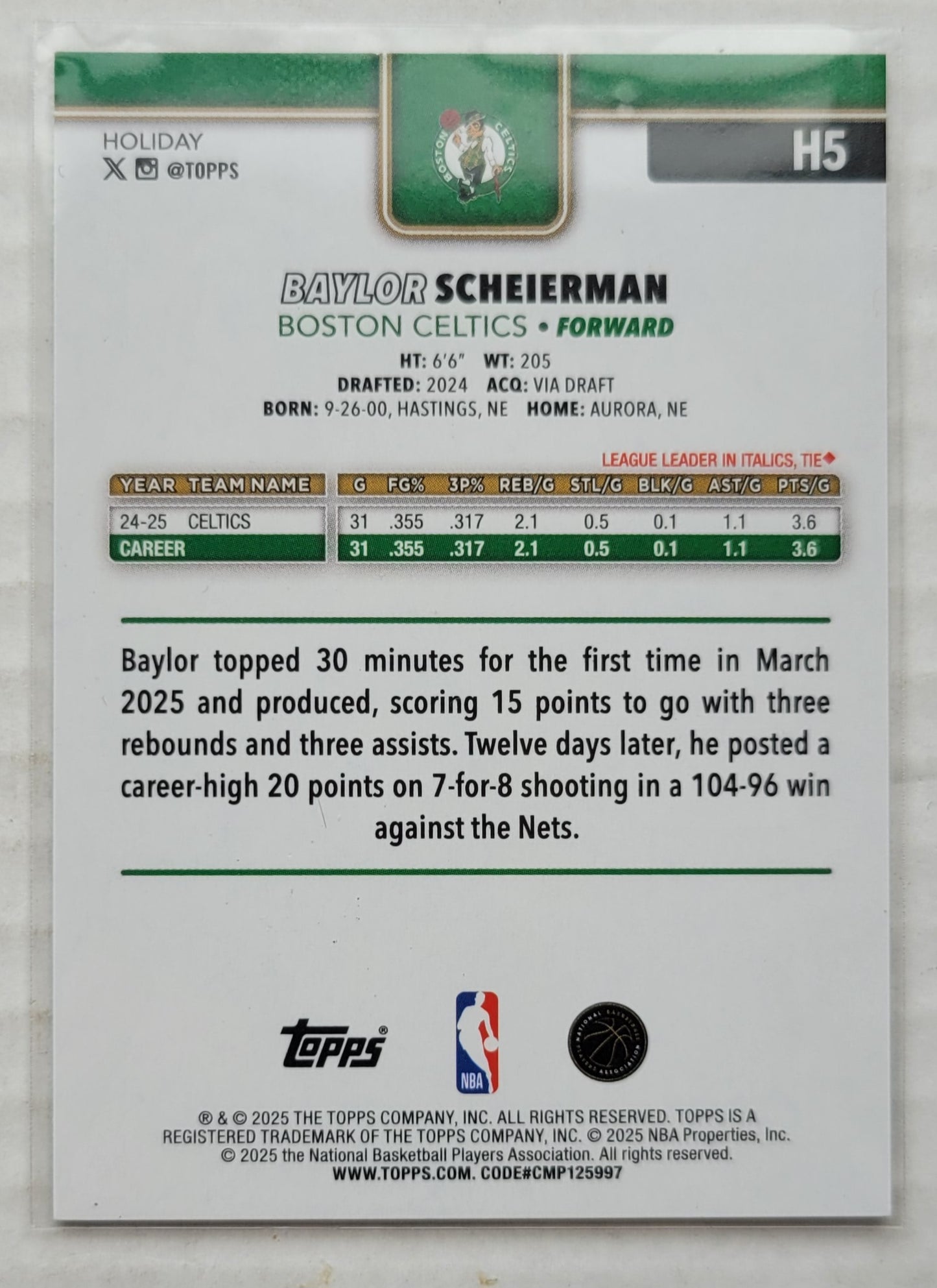 Baylor Scheierman - 2025-26 Topps Holiday Plaid #H5