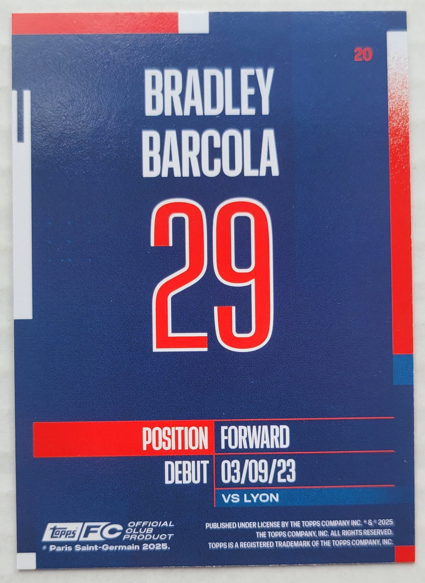 Bradley Barcola - 2024-25 Topps Paris Saint-Germain Team Set #20