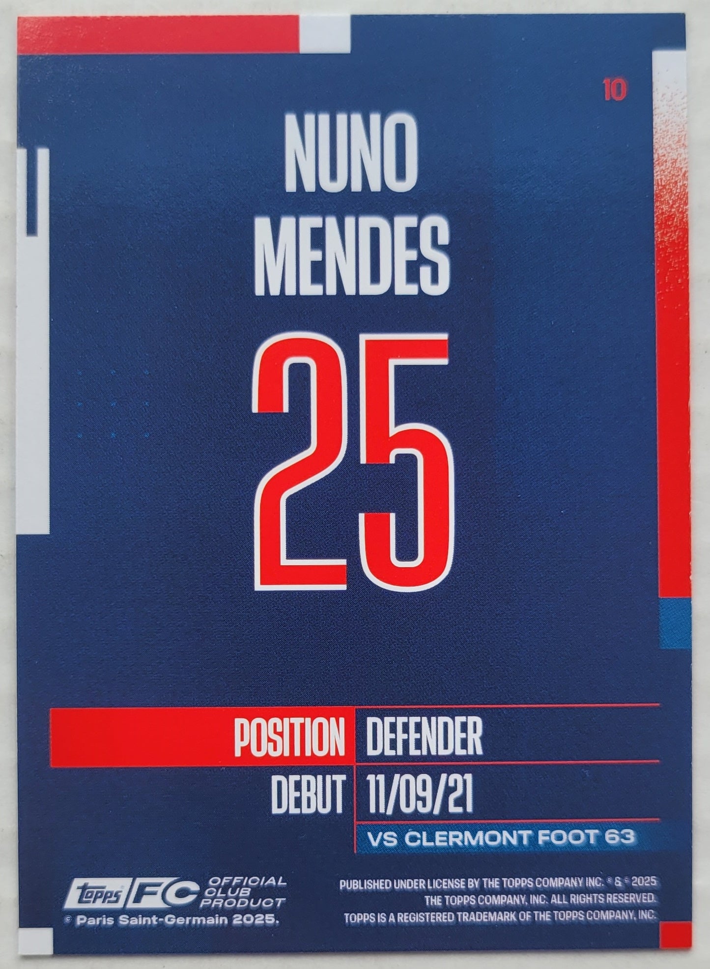 Nuno Mendes - 2024-25 Topps Paris Saint-Germain Team Set #10
