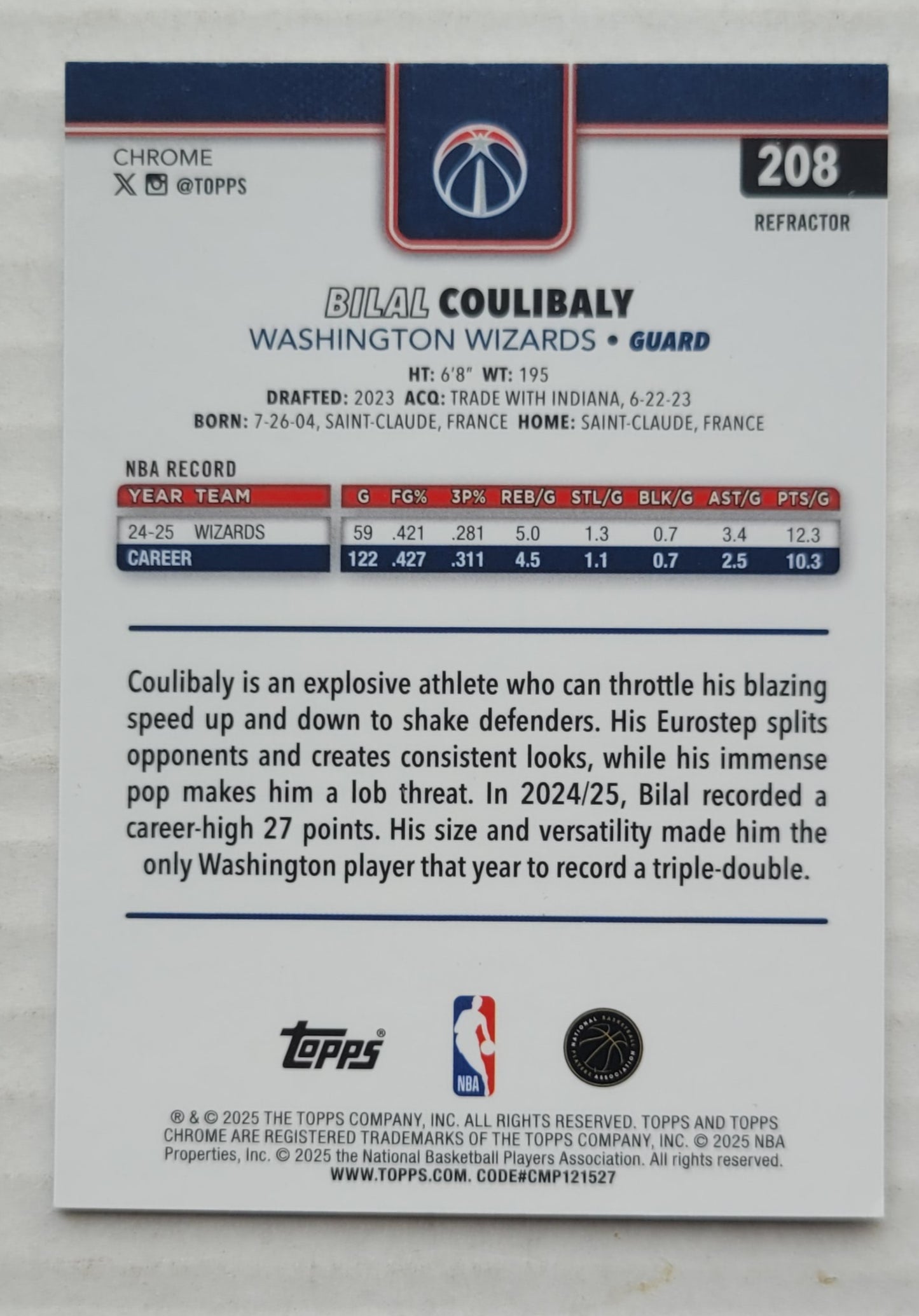 Bilal Coulibaly - 2025-26 Topps Chrome Refractors #208