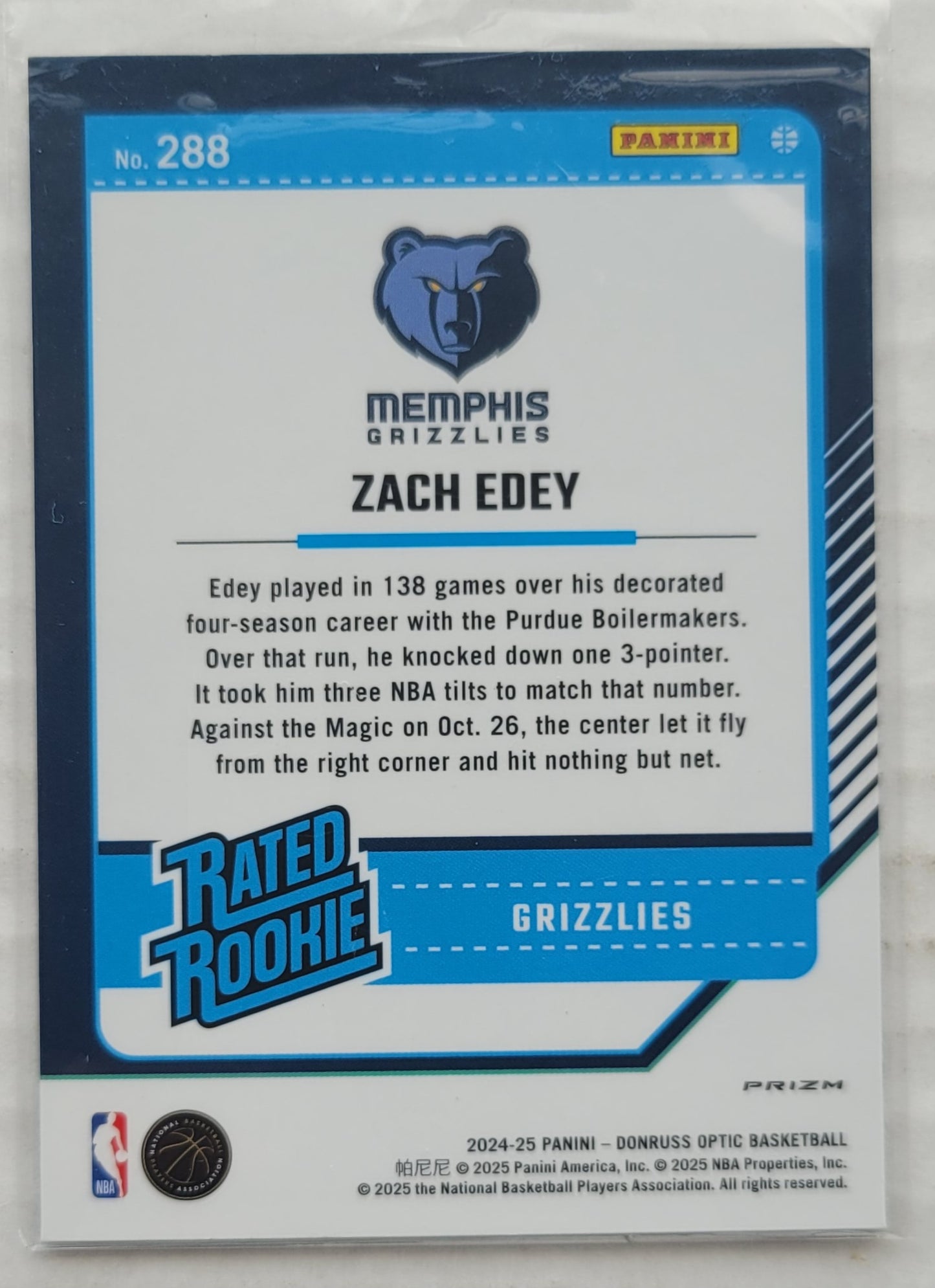 Zach Edey - 2024-25 Donruss Optic Holo #288 RR RC