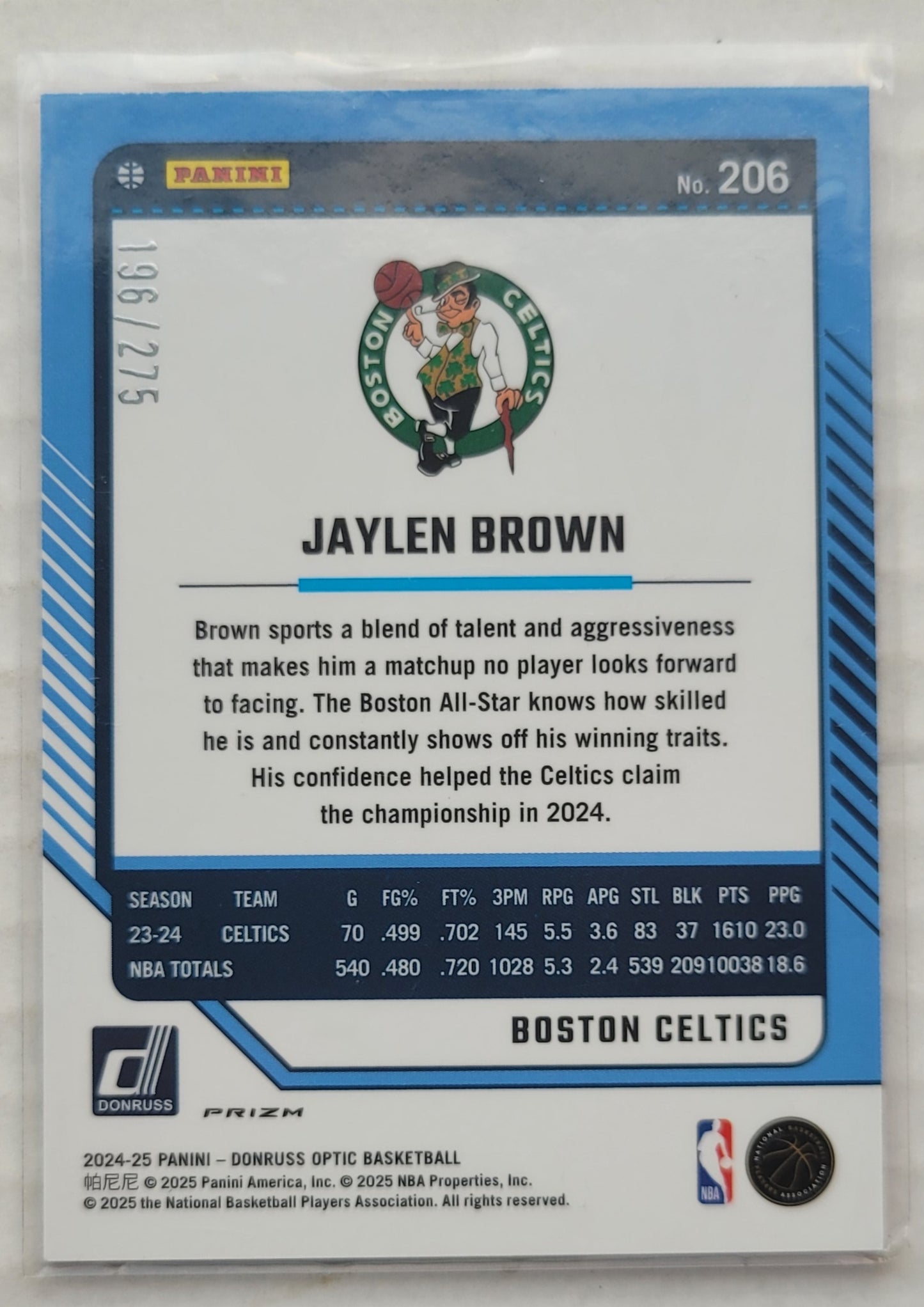 Jaylen Brown - 2024-25 Donruss Optic Pink Glitter #206 - 196/275