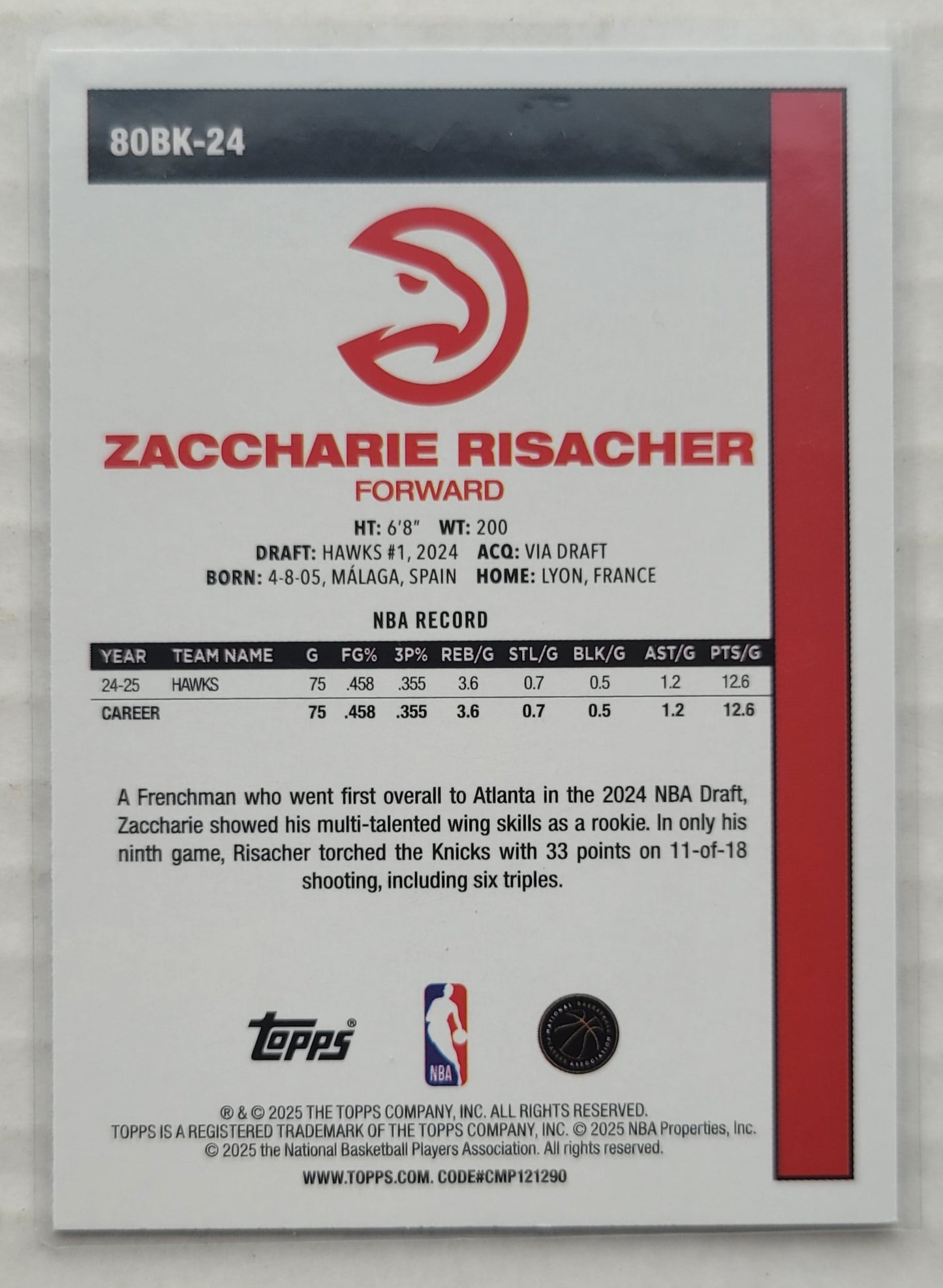 Zaccharie Risacher - 2025-26 Topps '80-81 Topps #80BK24