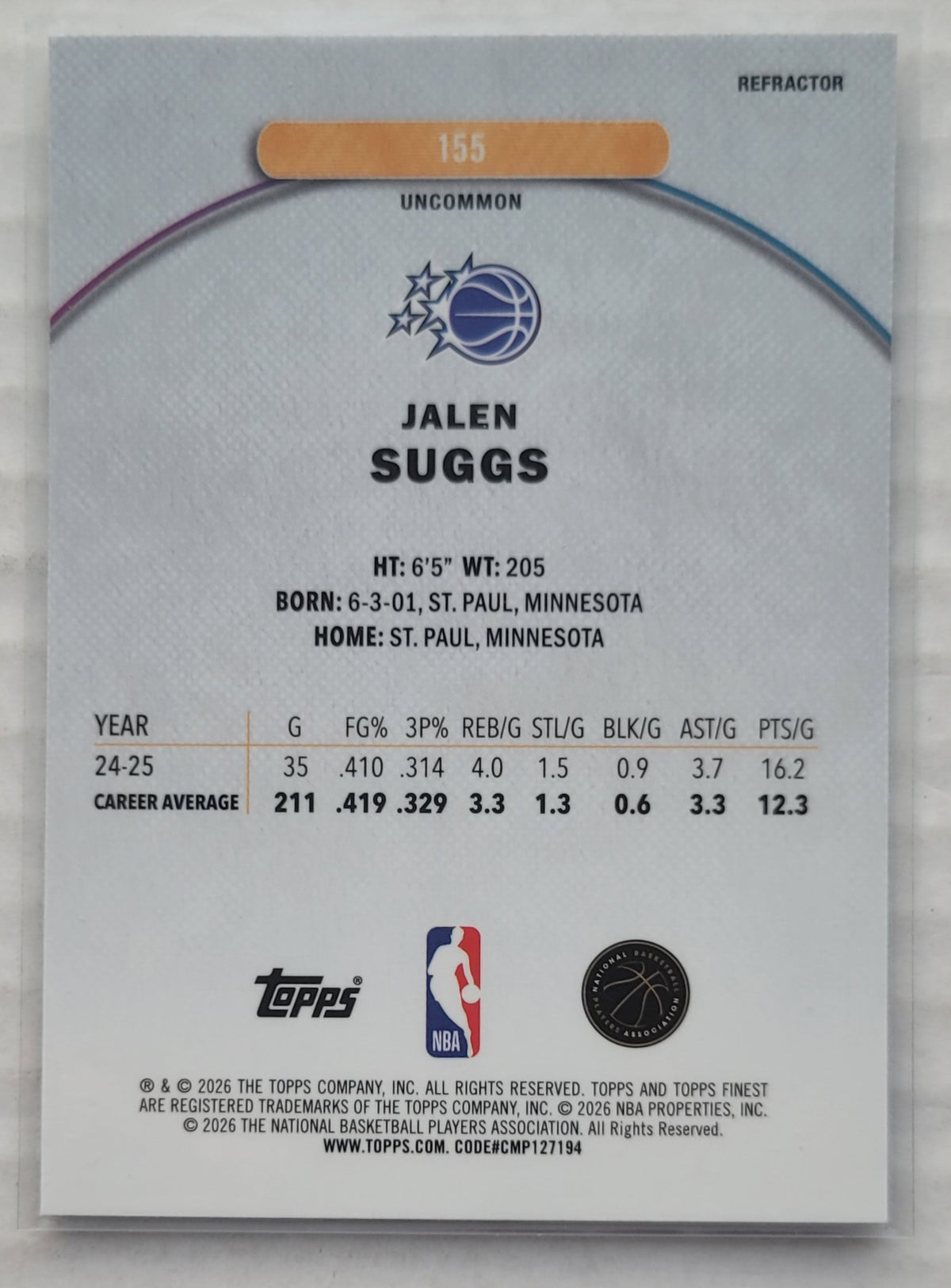 Jalen Suggs - 2025-26 Finest Refractors #155 U