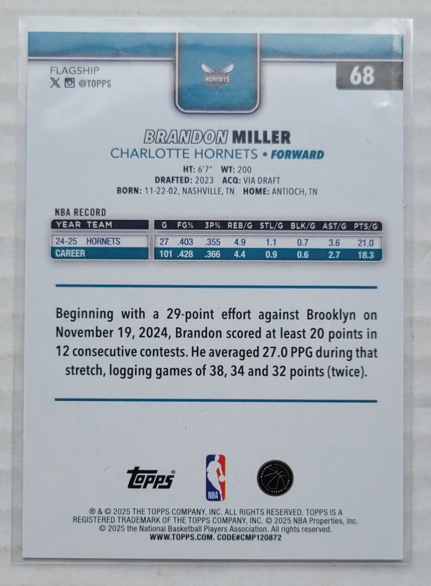 Brandon Miller - 2025-26 Topps Season Tip Off #68