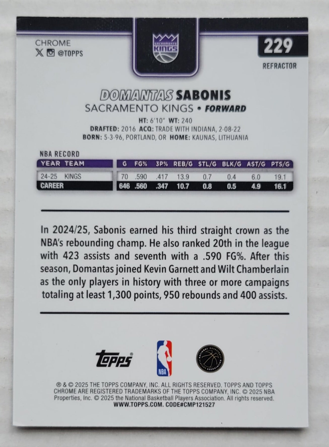 Domantas Sabonis - 2025-26 Topps Chrome Refractors #229
