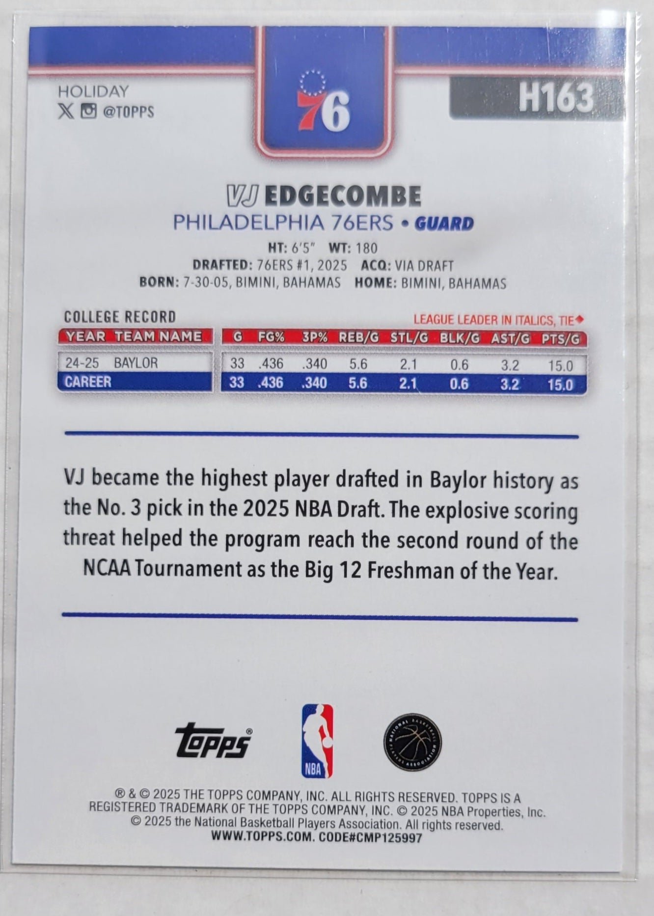 VJ Edgecombe - 2025-26 Topps Holiday #H163 RC