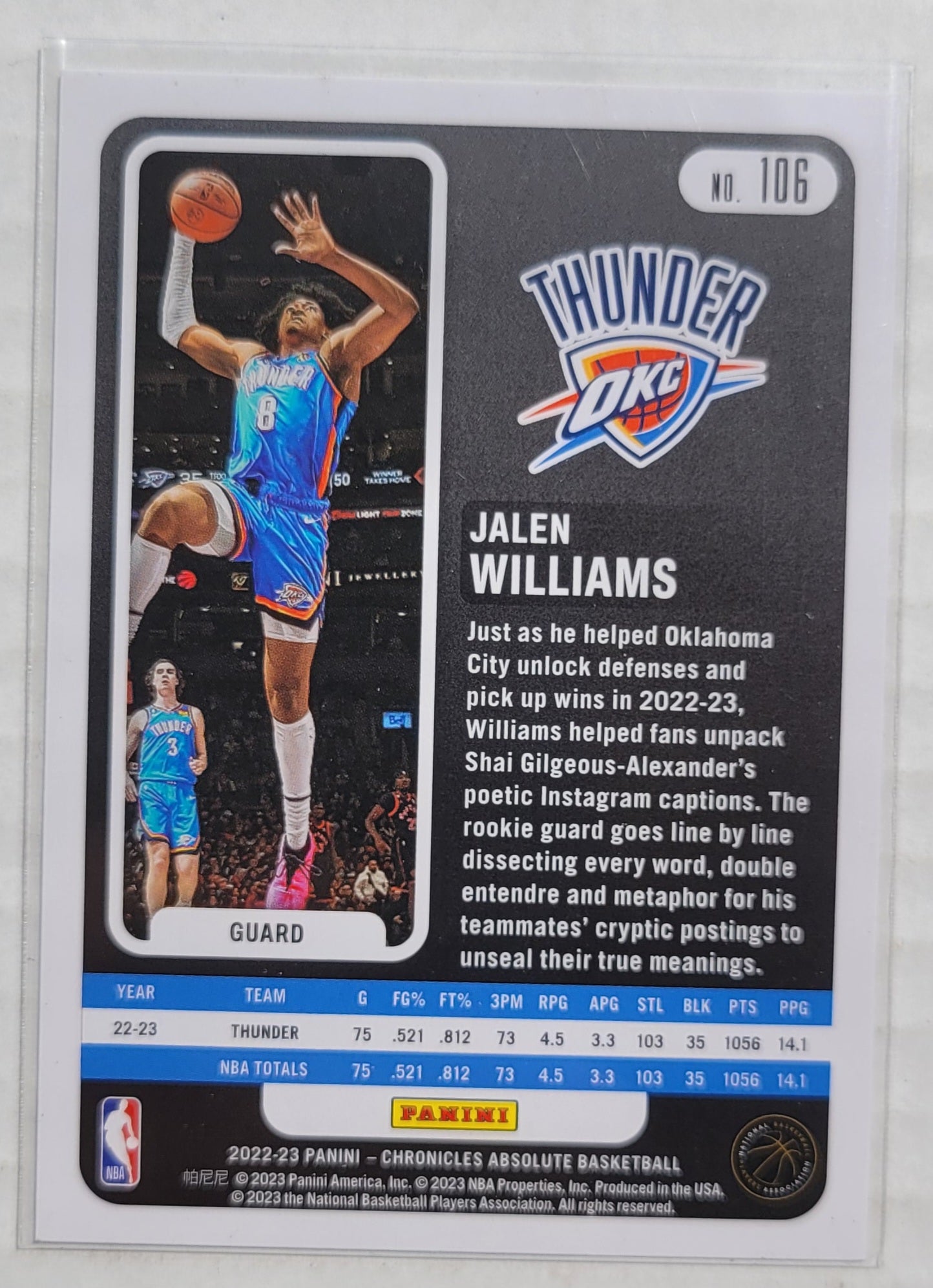 Jalen Williams - 2022-23 Panini Chronicles Teal #106 Absolute RC