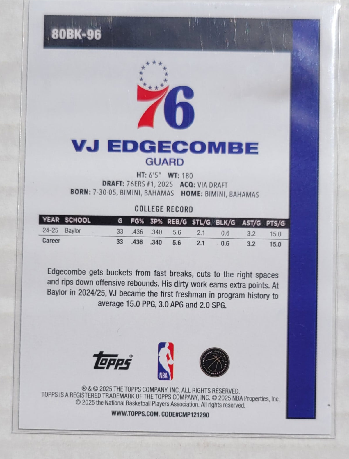 VJ Edgecombe - 2025-26 Topps '80-81 Topps #80BK96
