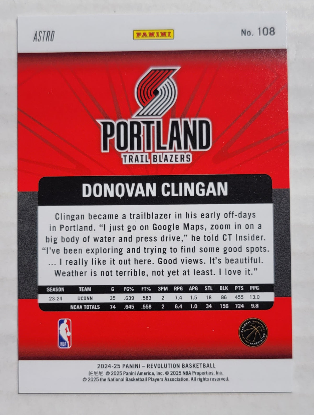 Donovan Clingan - 2024-25 Panini Revolution Astro #108 RC