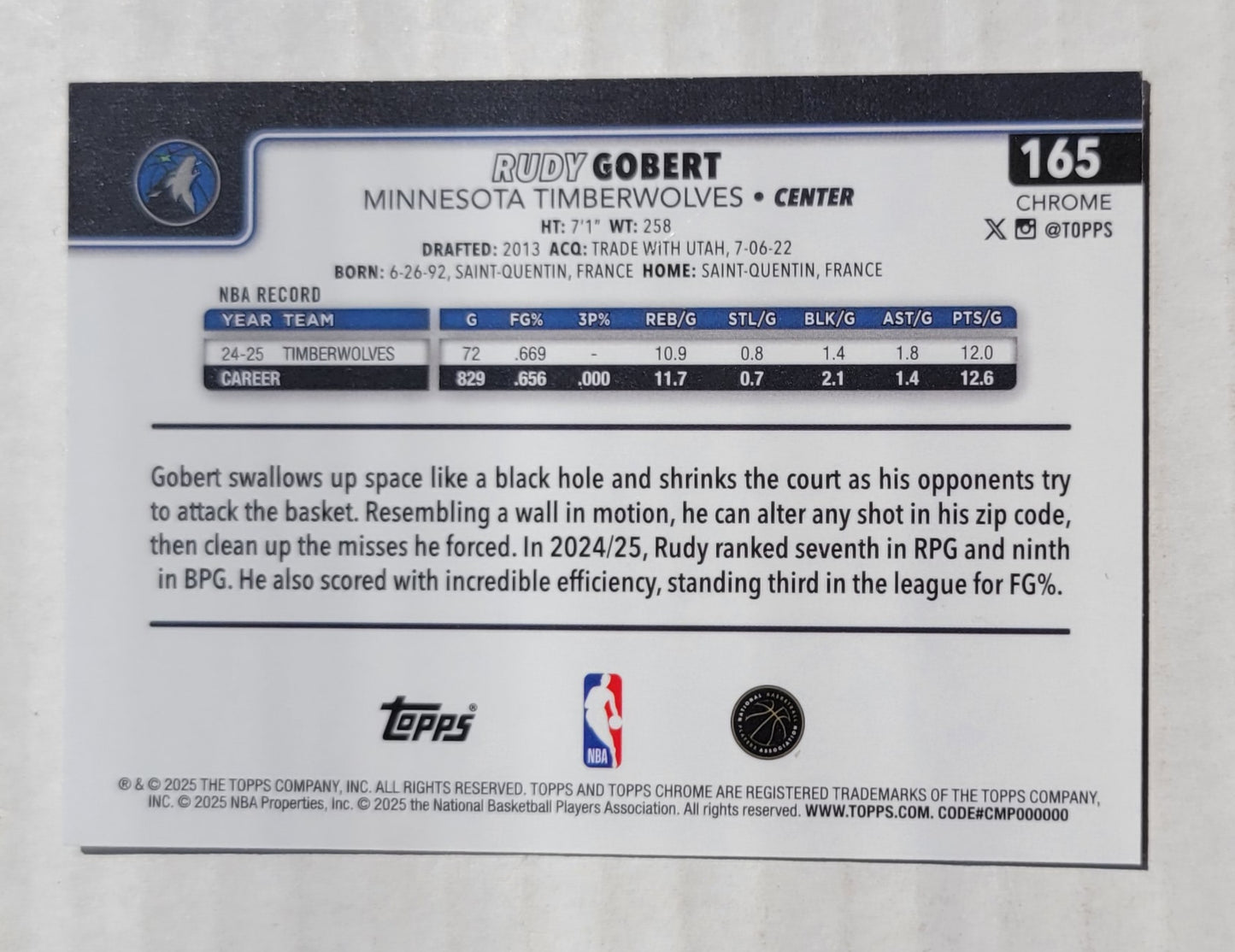 Rudy Gobert - 2025-26 Topps Chrome Refractors #165