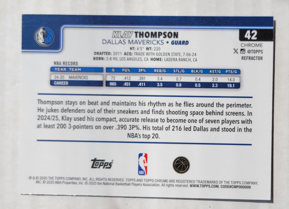 Klay Thompson - 2025-26 Topps Chrome Refractors #42