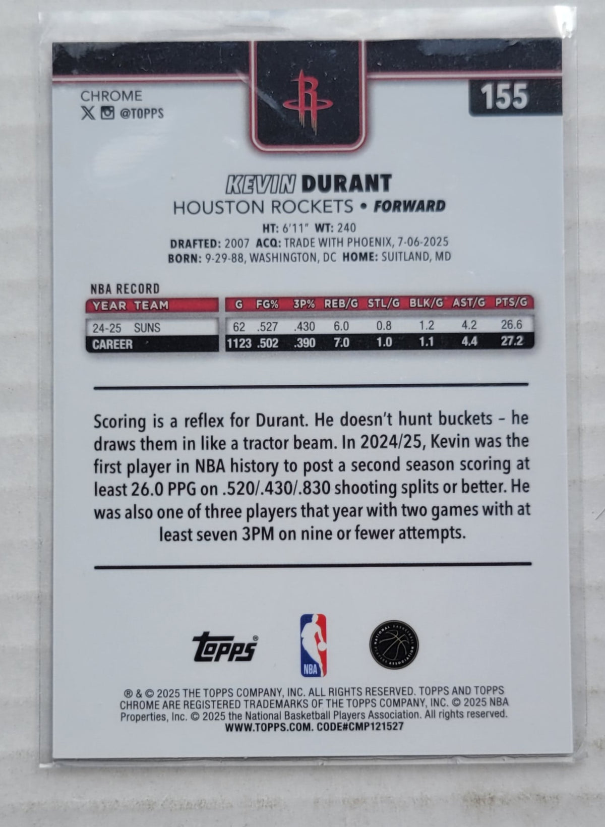 Kevin Durant - 2025-26 Topps Chrome Red White and Blue Refractors #155