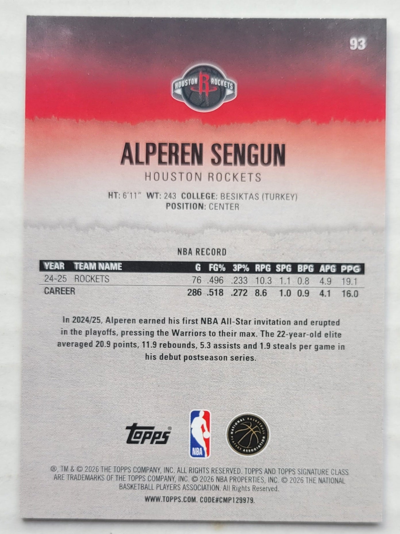 Alperen Sengun - 2025-26 Topps Signature Class #93
