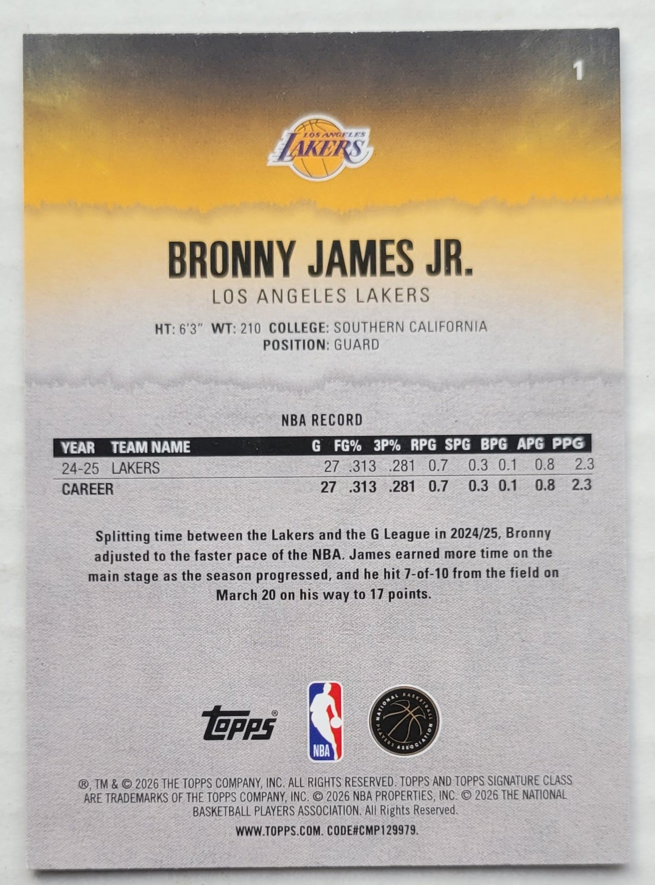 Bronny James Jr. - 2025-26 Topps Signature Class #1