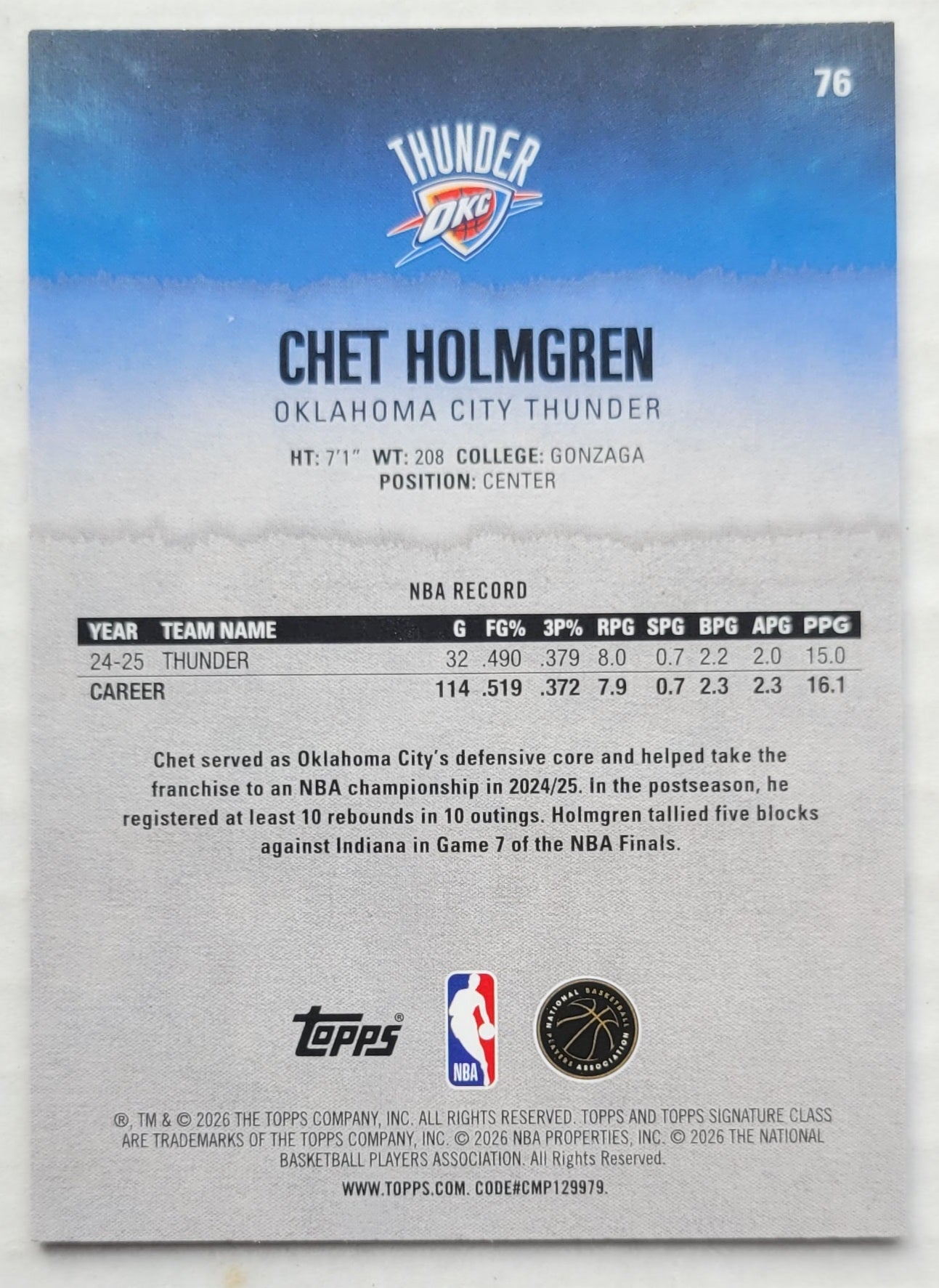 Chet Holmgren - 2025-26 Topps Signature Class #76