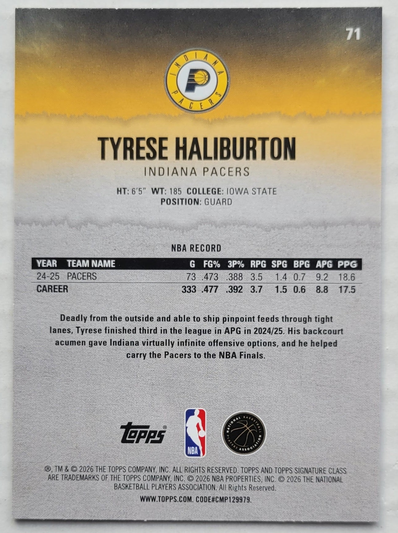 Tyrese Haliburton - 2025-26 Topps Signature Class #71