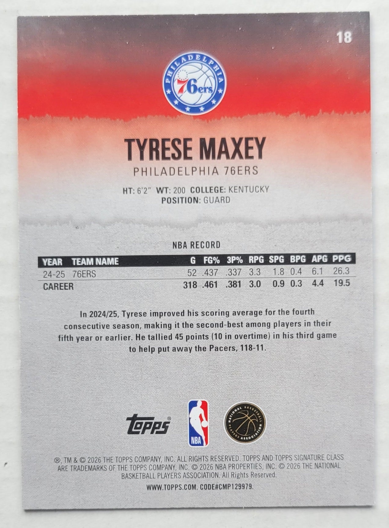 Tyrese Maxey - 2025-26 Topps Signature Class #18