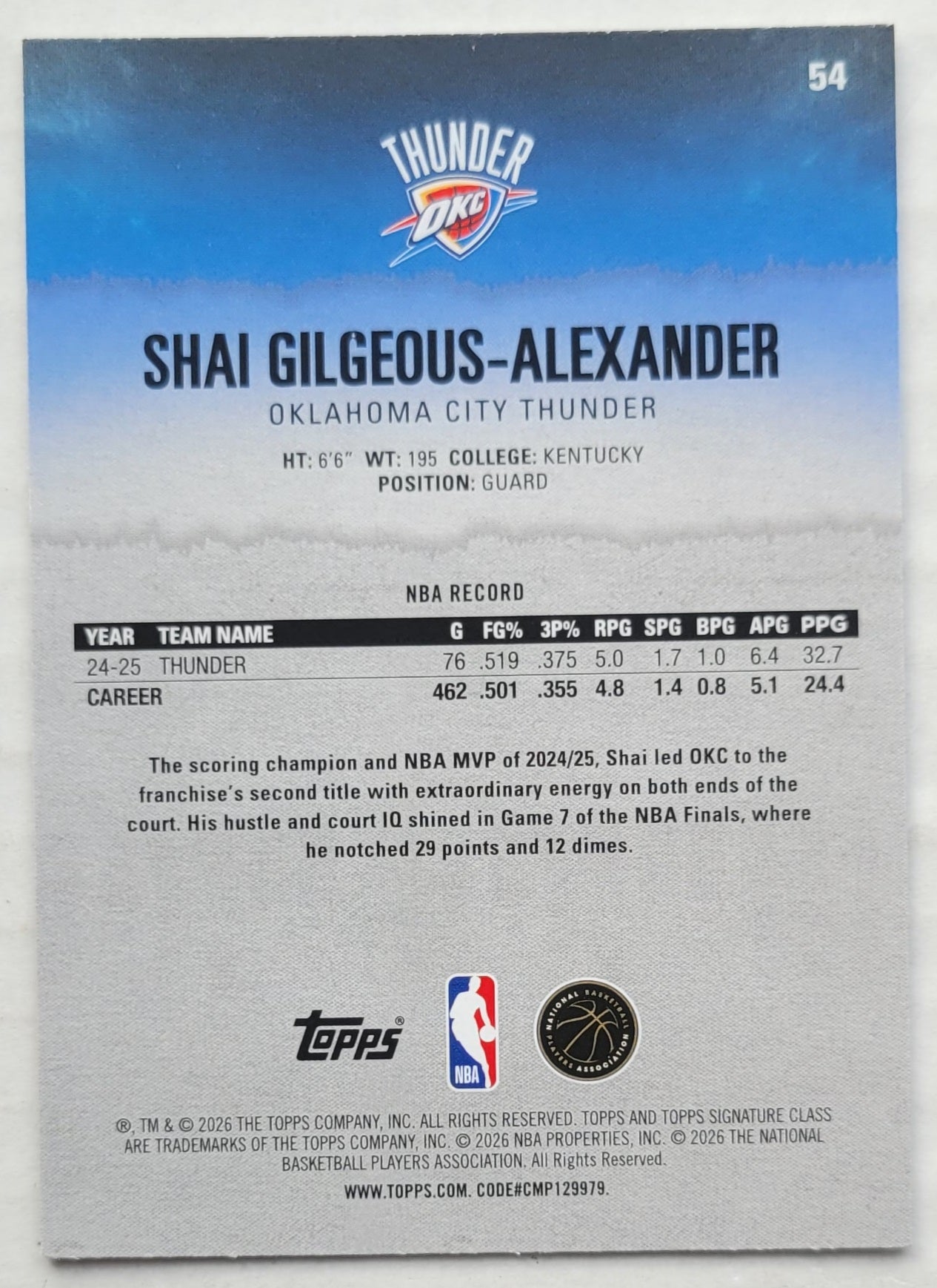 Shai Gilgeous-Alexander - 2025-26 Topps Signature Class #54