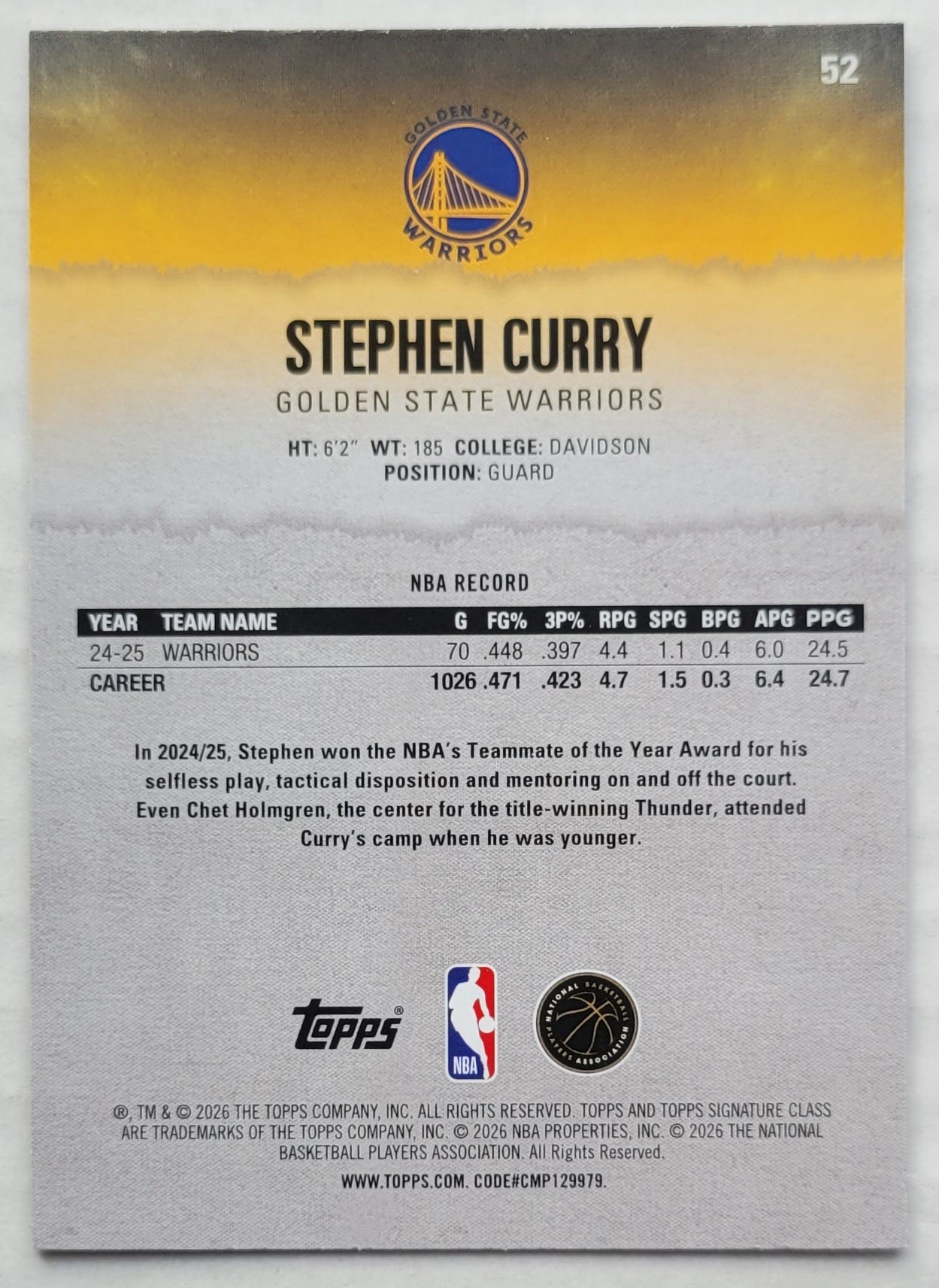 Stephen Curry - 2025-26 Topps Signature Class #52