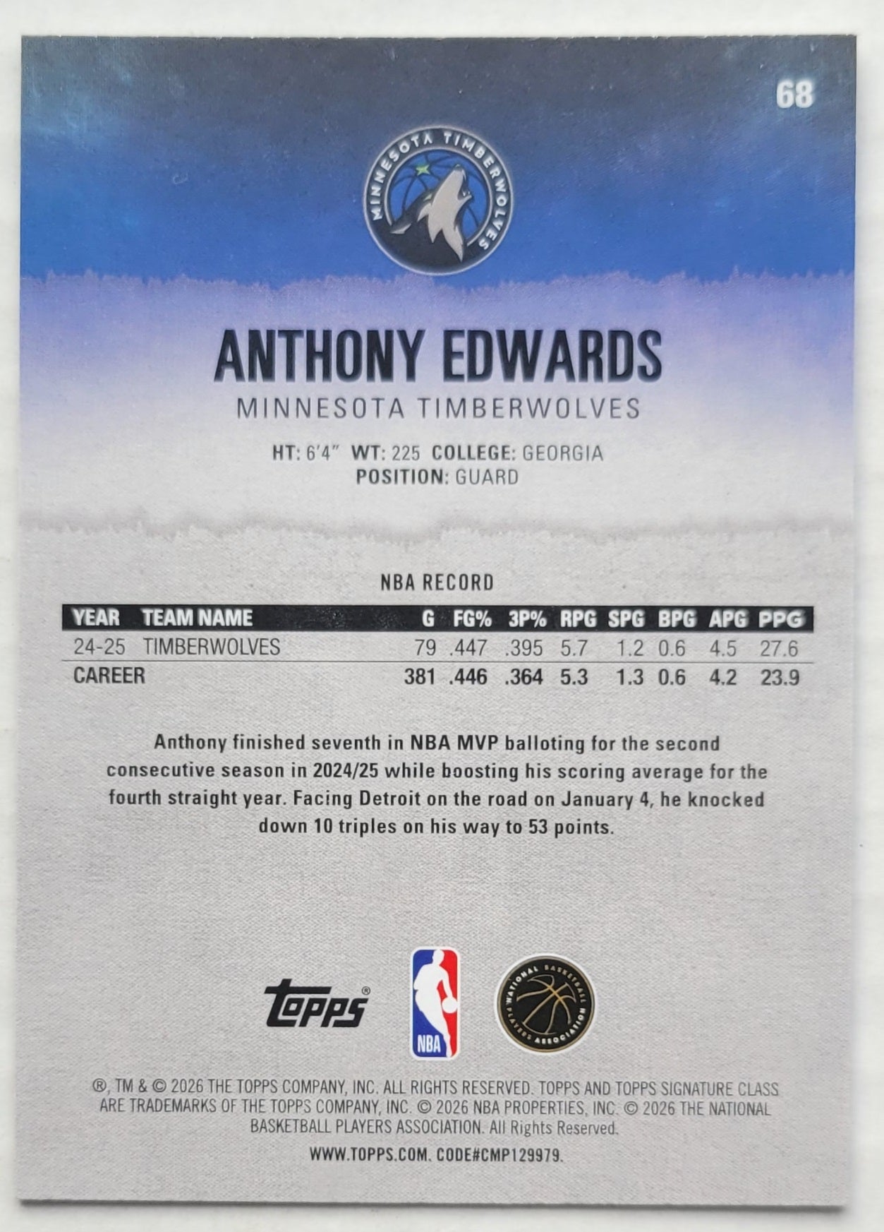 Anthony Edwards - 2025-26 Topps Signature Class #68