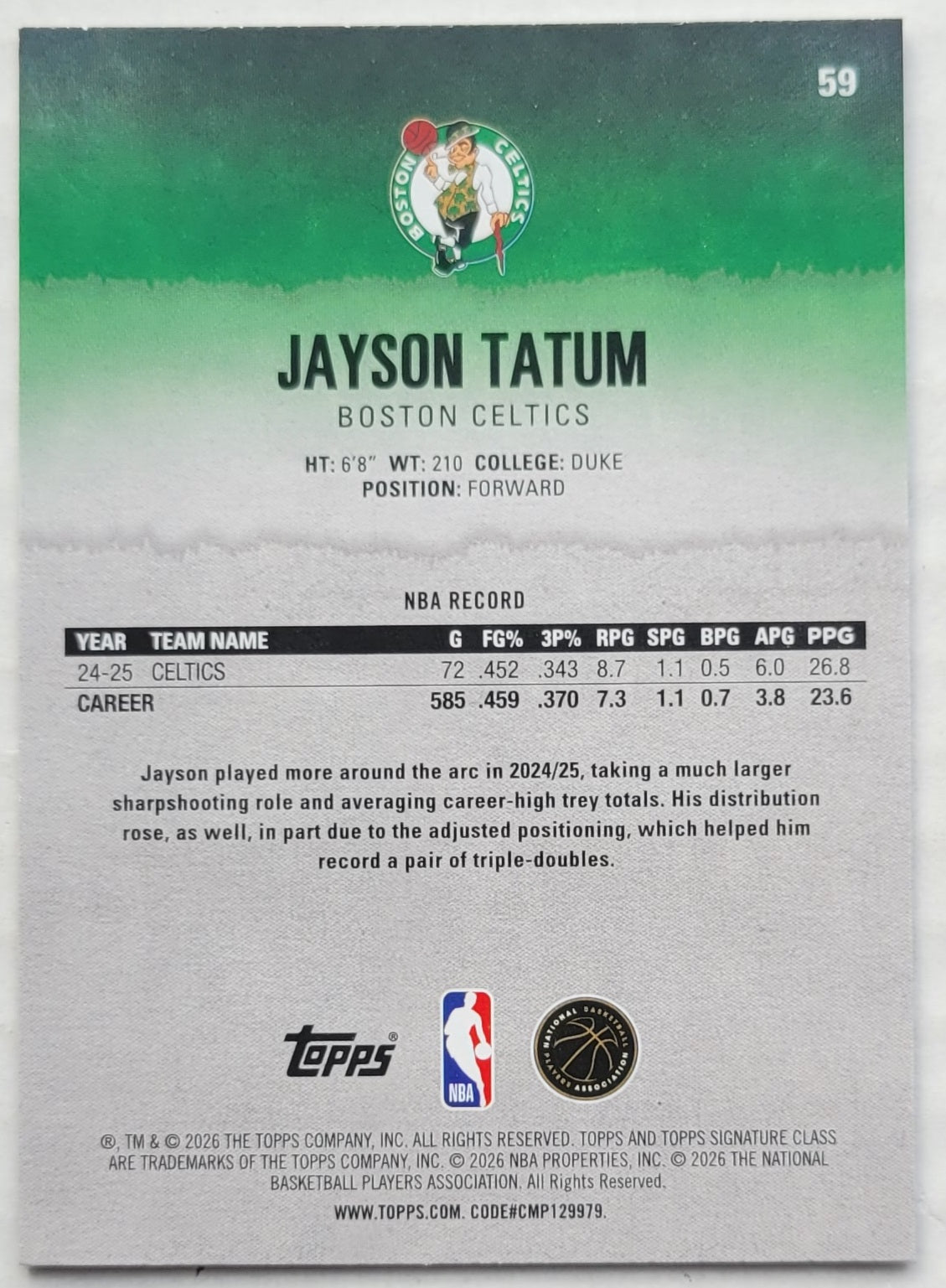 Jayson Tatum - 2025-26 Topps Signature Class #59