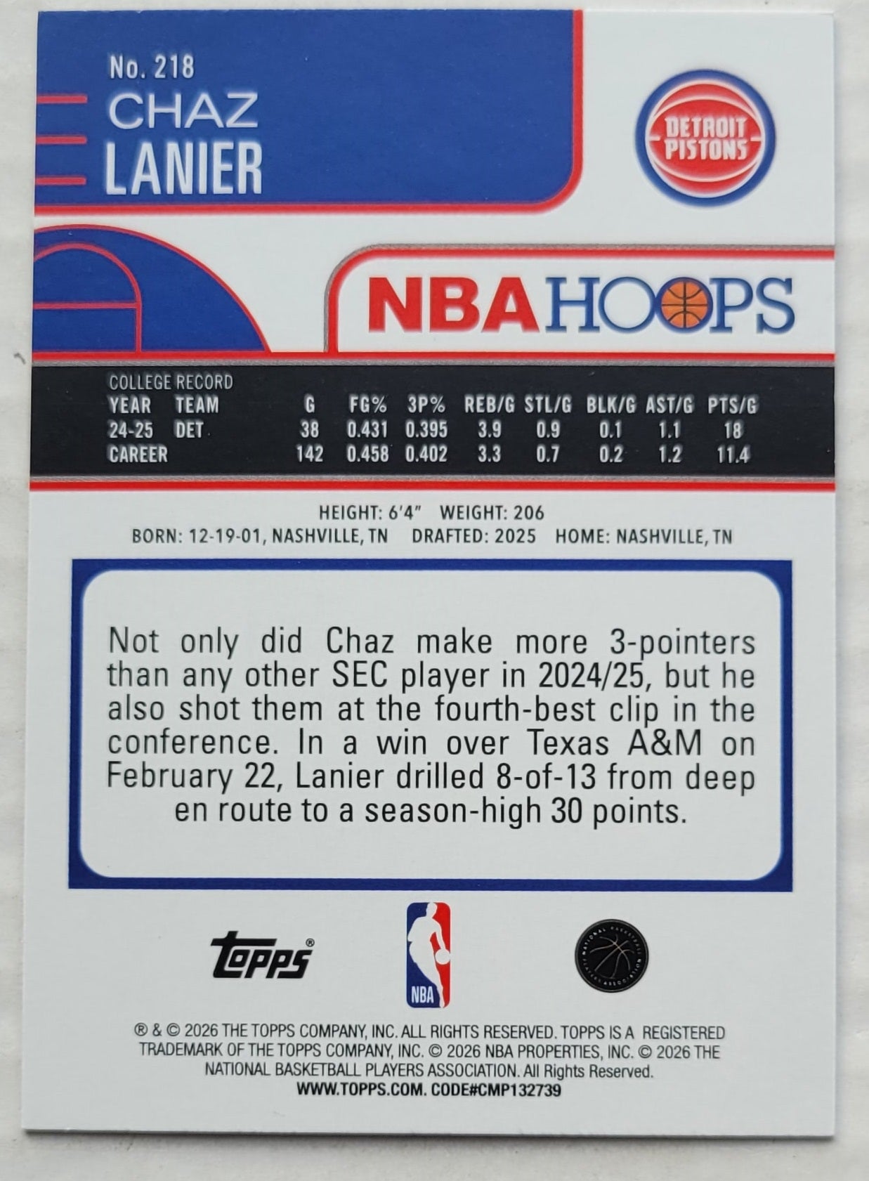 Chaz Lanier - 2025-26 Hoops #218 RC