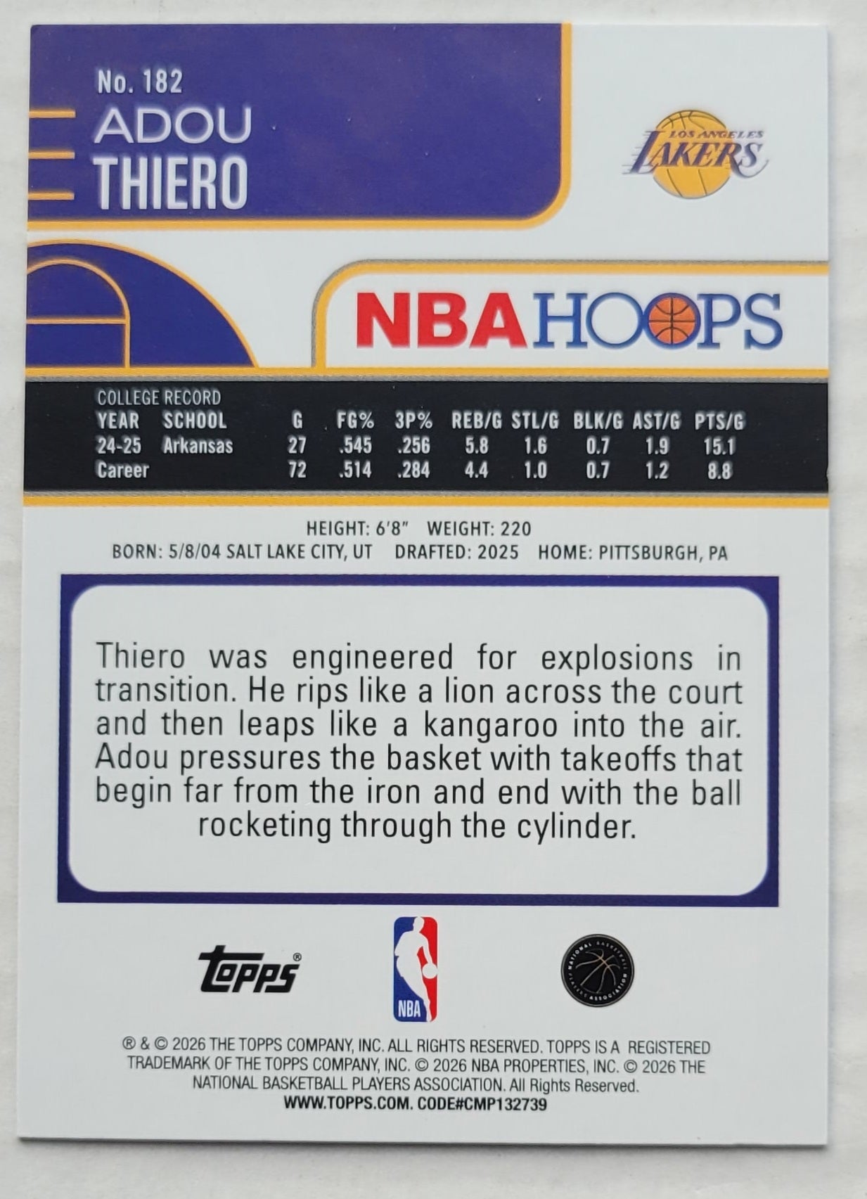 Adou Thiero - 2025-26 Hoops #182 RC