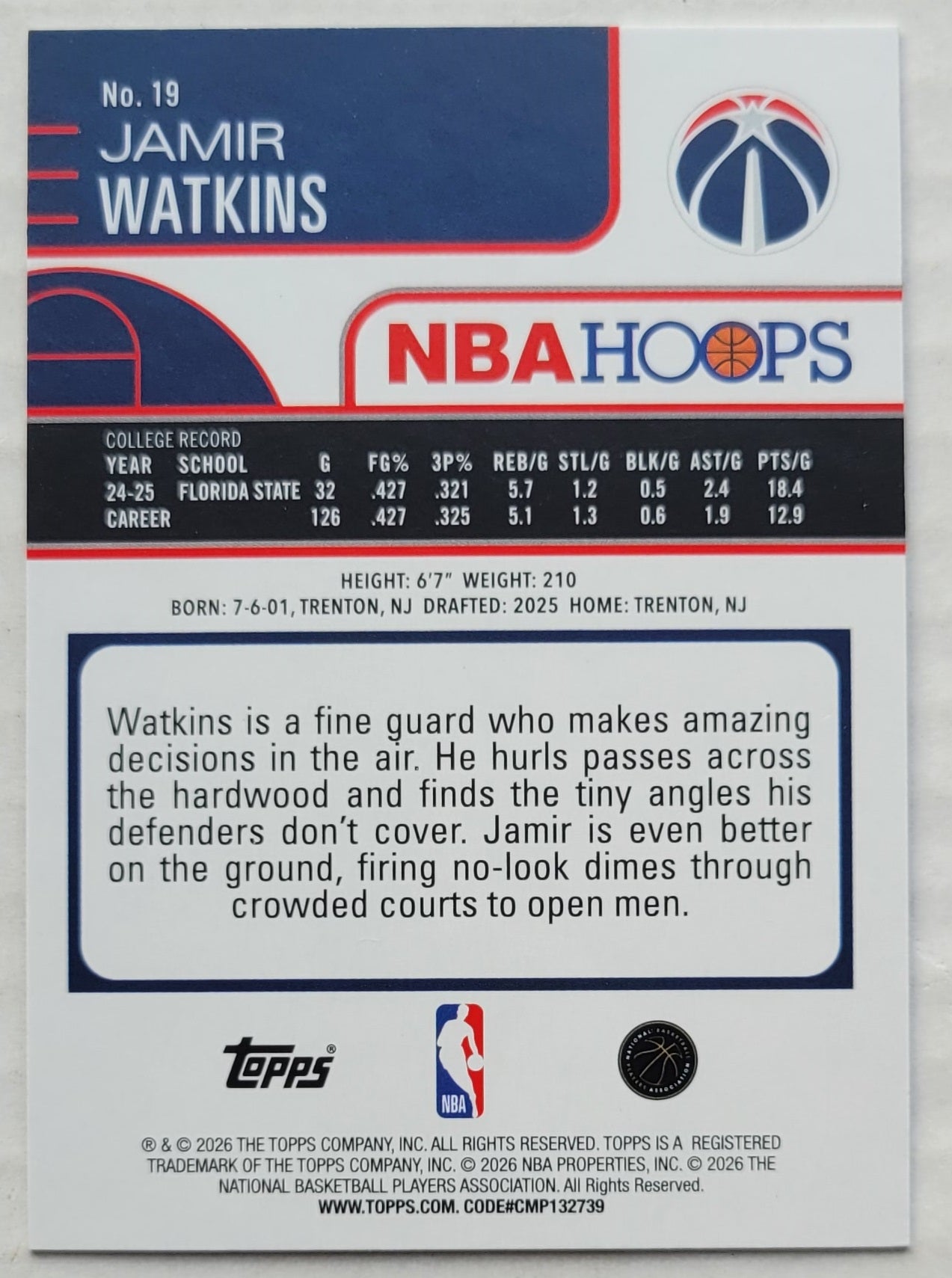 Jamir Watkins - 2025-26 Hoops #19 RC