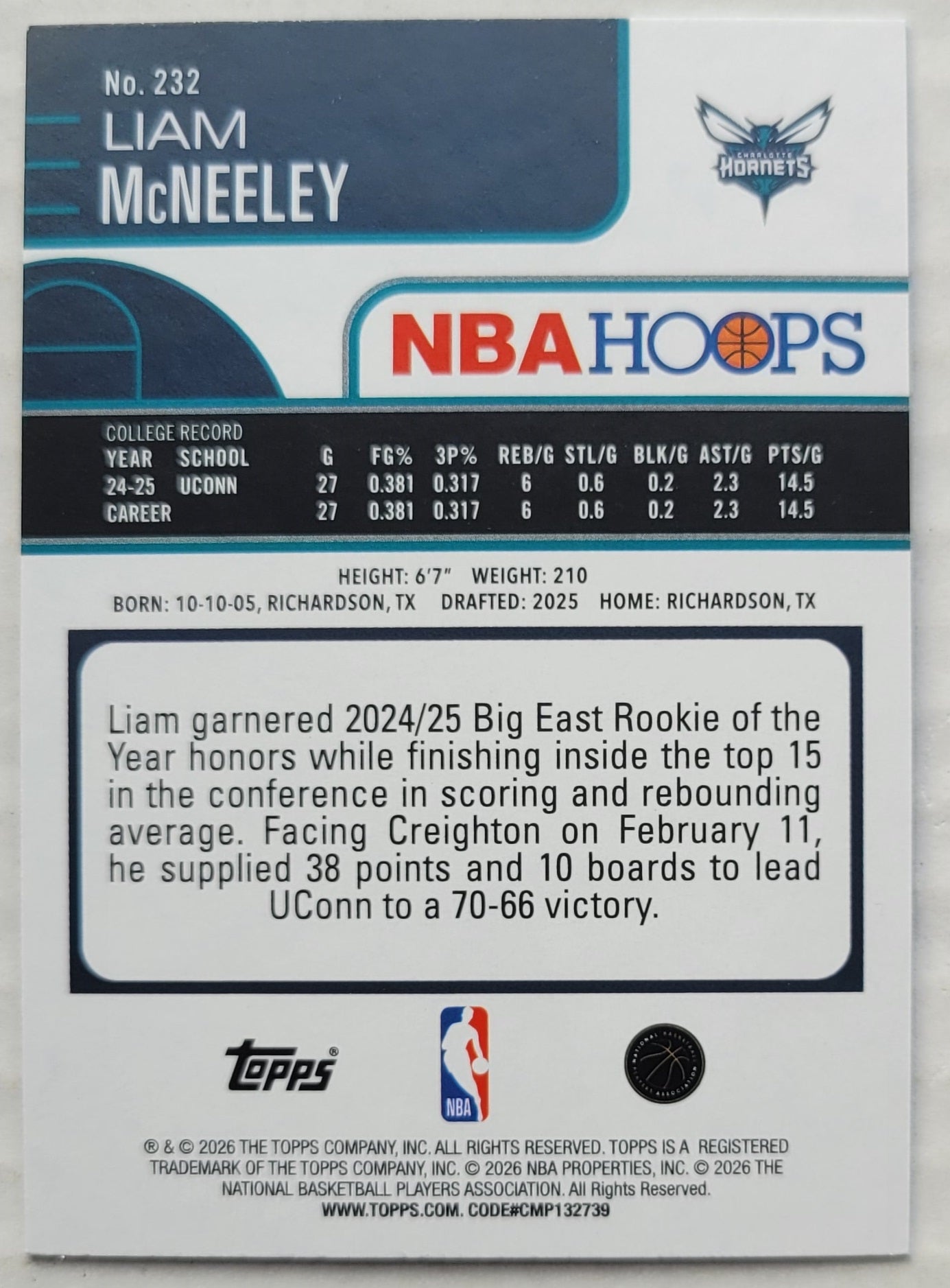 Liam McNeeley - 2025-26 Hoops #232 RC